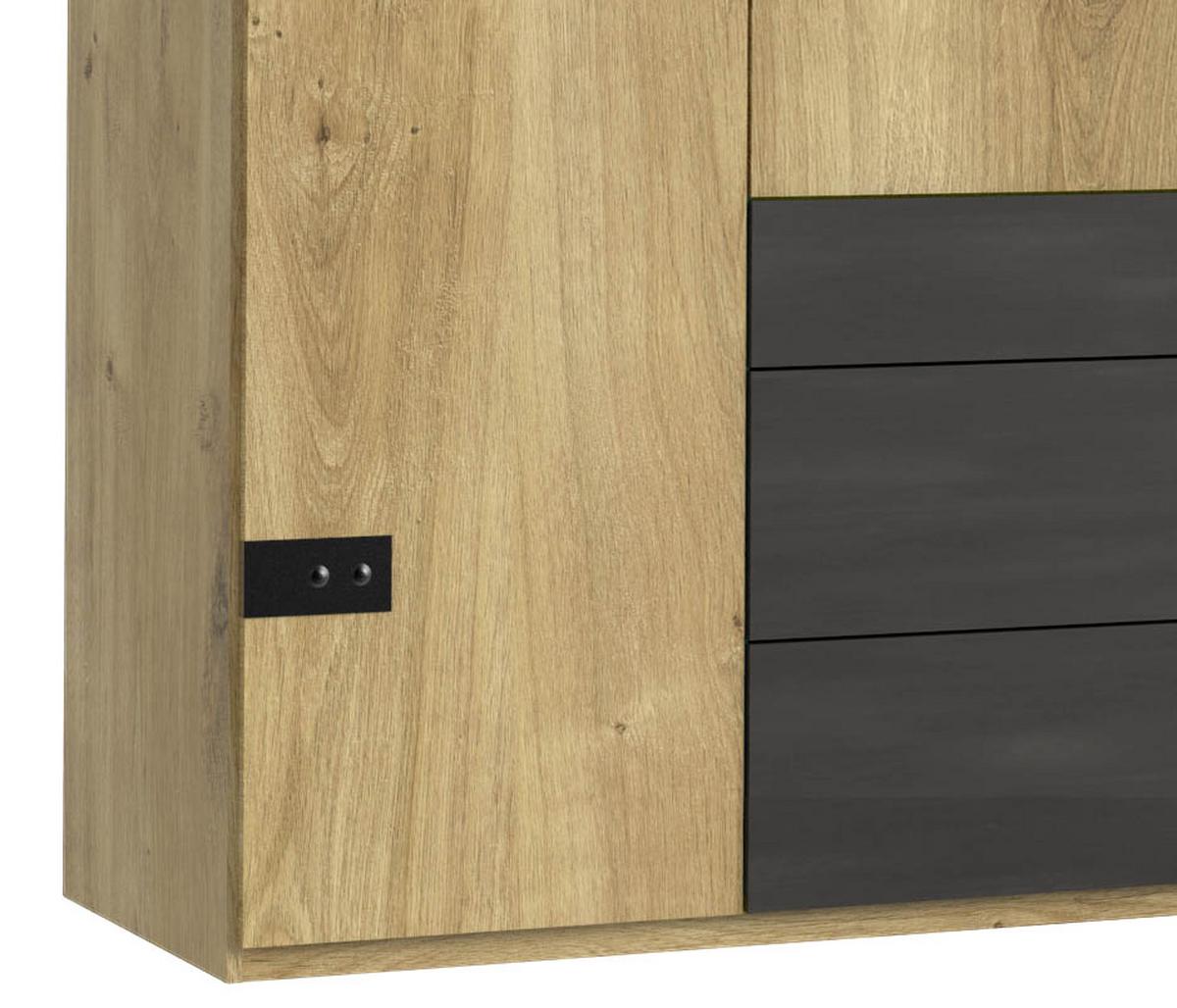 Drehtürenschrank mit Laden 250cm Detroit, Eiche/Graphit - Eichefarben/Graphitfarben, Basics, Holzwerkstoff (250/216/58cm) - MID.YOU