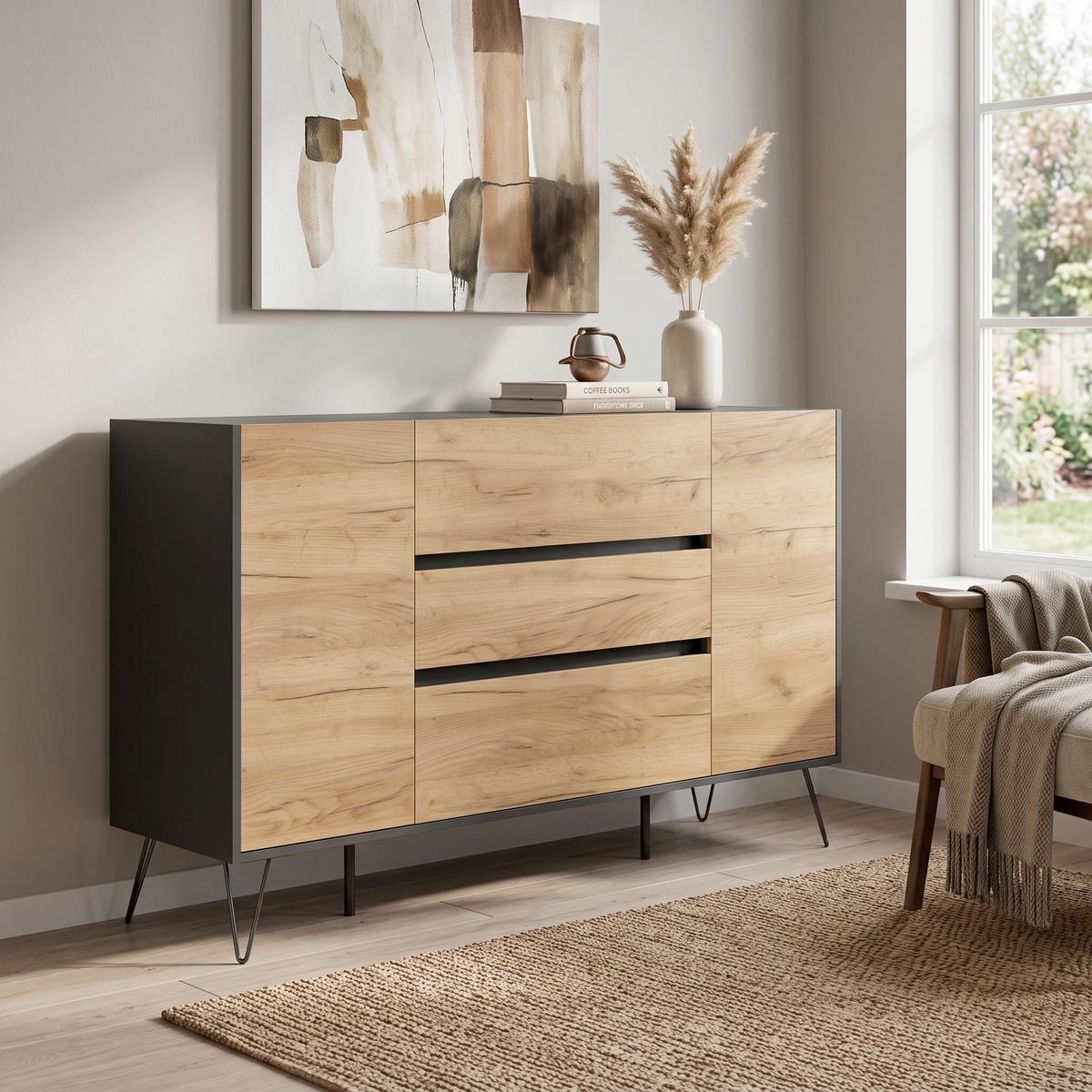 Sideboard Posseik Industrial Graphitfarben/Eichef. 155cm - Eichefarben/Graphitfarben, Design, Holzwerkstoff (155/93,6/42cm) - MID.YOU