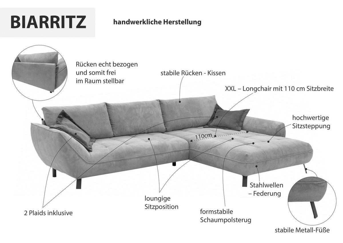 Ecksofa Biarritz, Hellbraun Schenkel: 205x324 Cm - Hellbraun/Beige, Design, Textil (205/324cm) - Livetastic