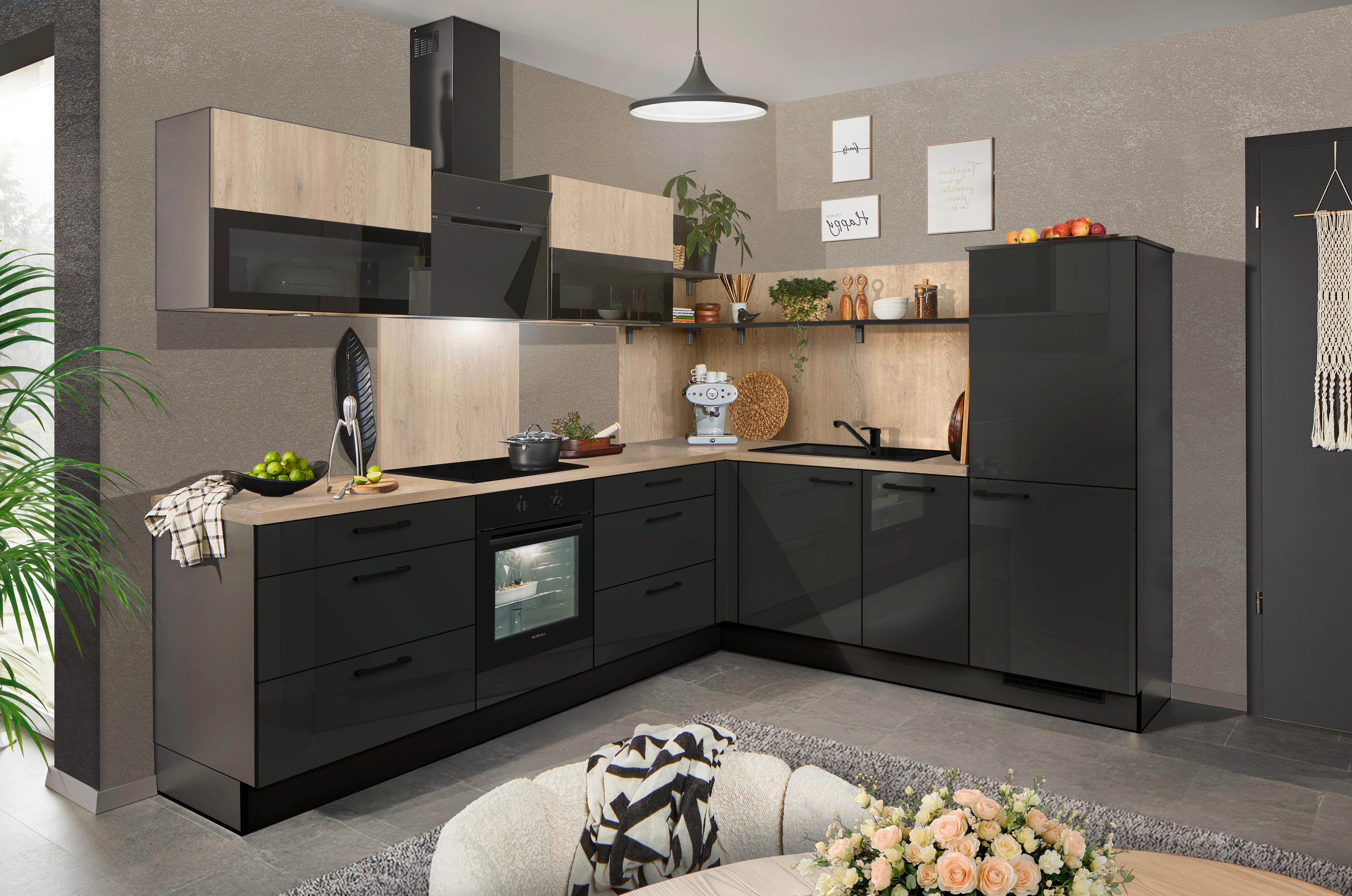 Eckküche Pn215/pn100 - Grau Hochglanz/Eichefarben, MODERN, Holzwerkstoff (285/230cm) - Pino