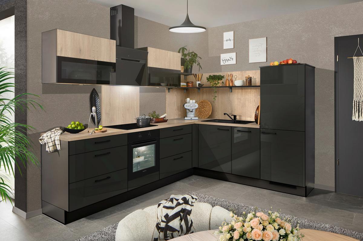 Eckküche Pn215/pn100 - Grau Hochglanz/Eichefarben, MODERN, Holzwerkstoff (285/230cm) - Pino