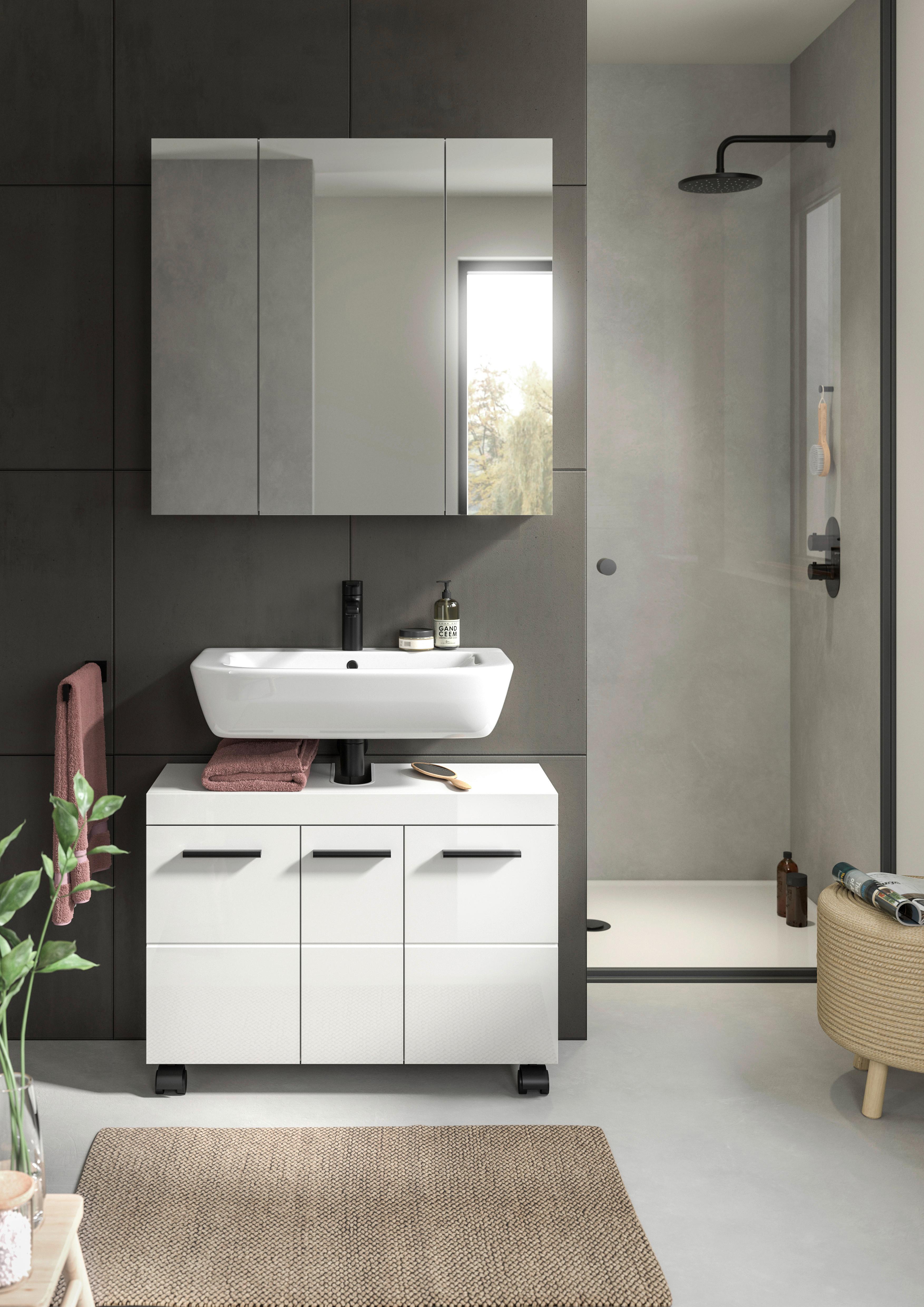 Badezimmer Nova Weiß B: 82cm - Weiß Hochglanz/Schwarz, Trend, Glas/Holzwerkstoff (82cm) - MID.YOU
