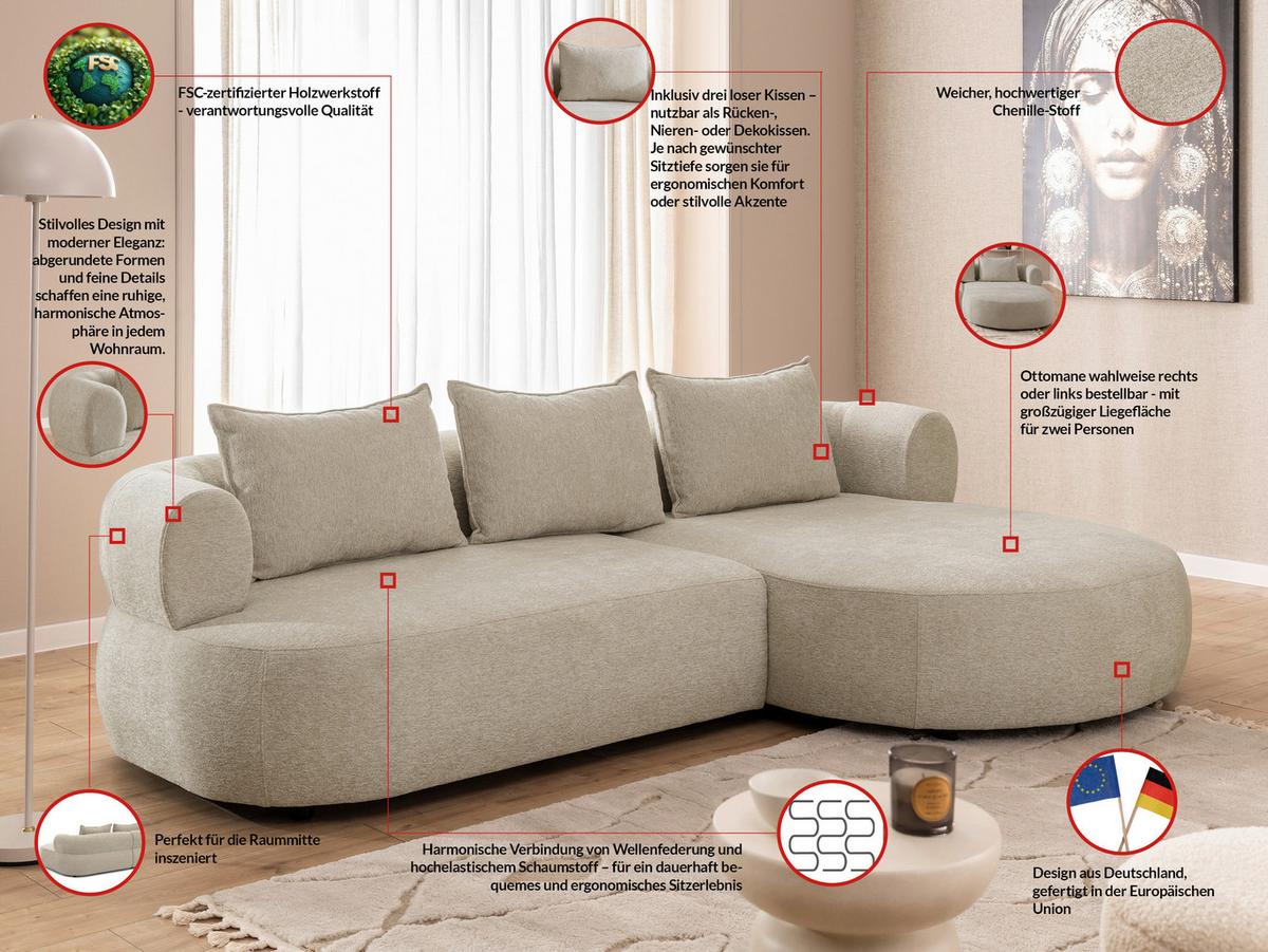 Ecksofa Ferro Beige S: 256x156 cm - Beige/Schwarz, Design, Textil (256/156cm) - Livetastic