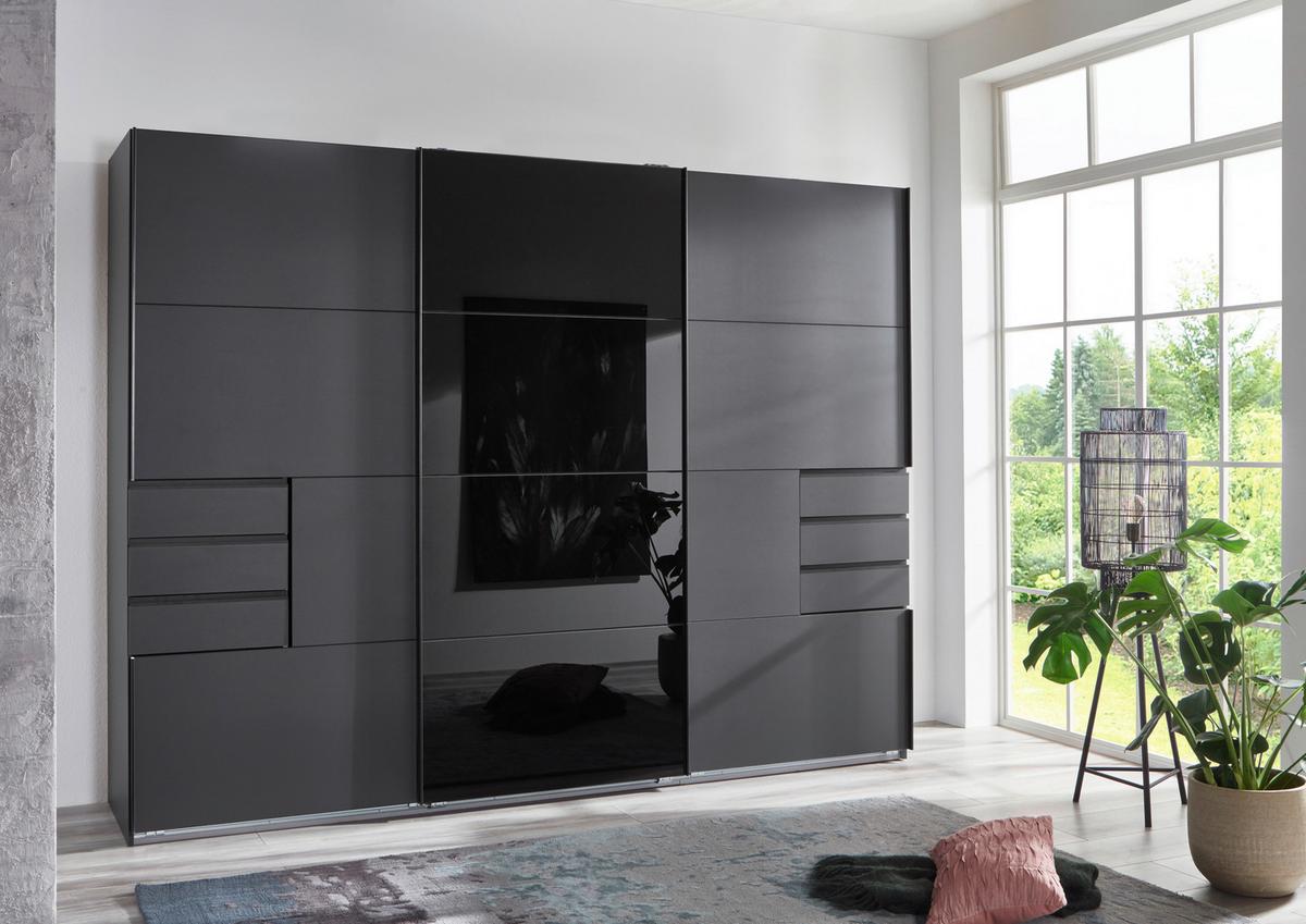 Schwebetürenschrank 270cm Saigon Graphit/Schwarz - Graphitfarben/Schwarz, KONVENTIONELL, Glas/Holzwerkstoff (270/210/64cm) - MID.YOU