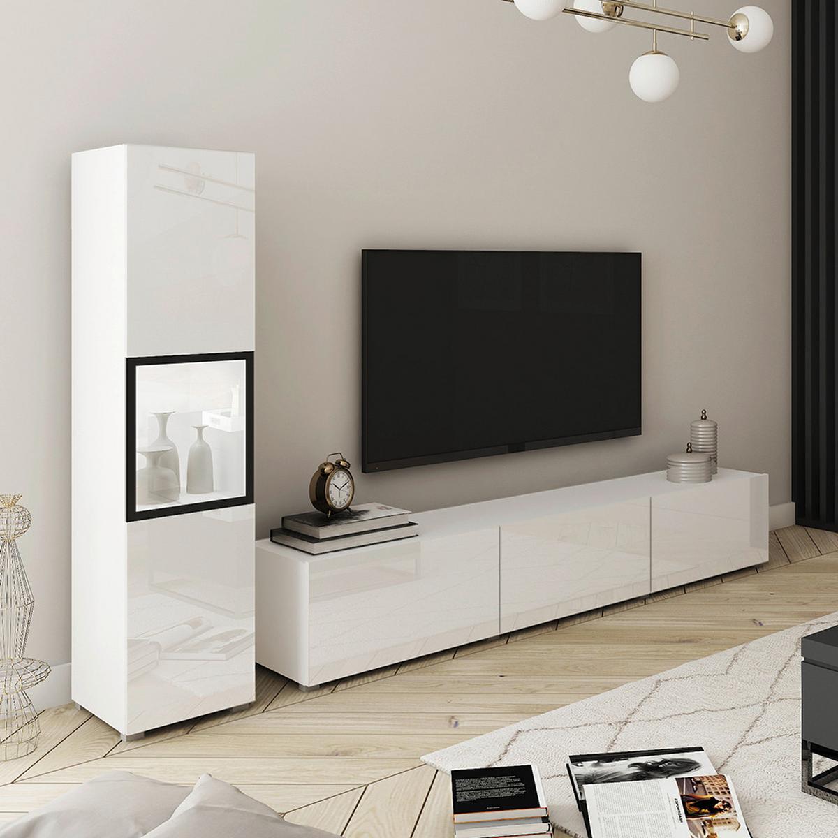 Wohnwand Berlin I Weiß B: 210 Cm - Weiß Hochglanz/Weiß, Design, Glas/Holzwerkstoff (210/130/32,5cm) - P & B