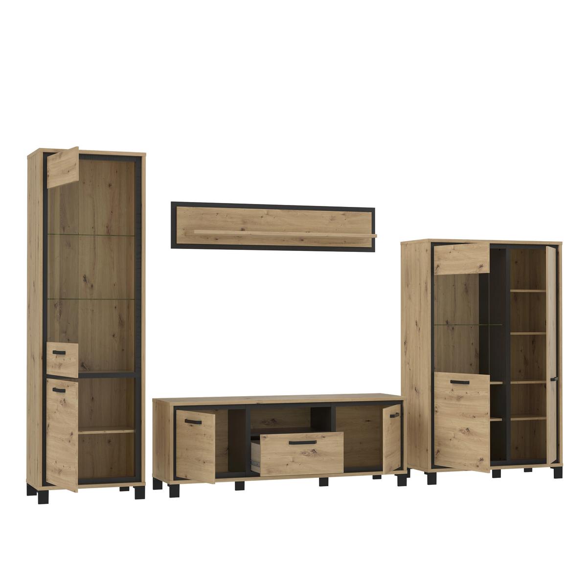 Wohnwand Modern 4 -teilig. Trondheim, Artisan Eiche Dekor - Eichefarben/Schwarz, Basics, Glas/Holzwerkstoff (344,2/208/41,5cm) - Livetastic