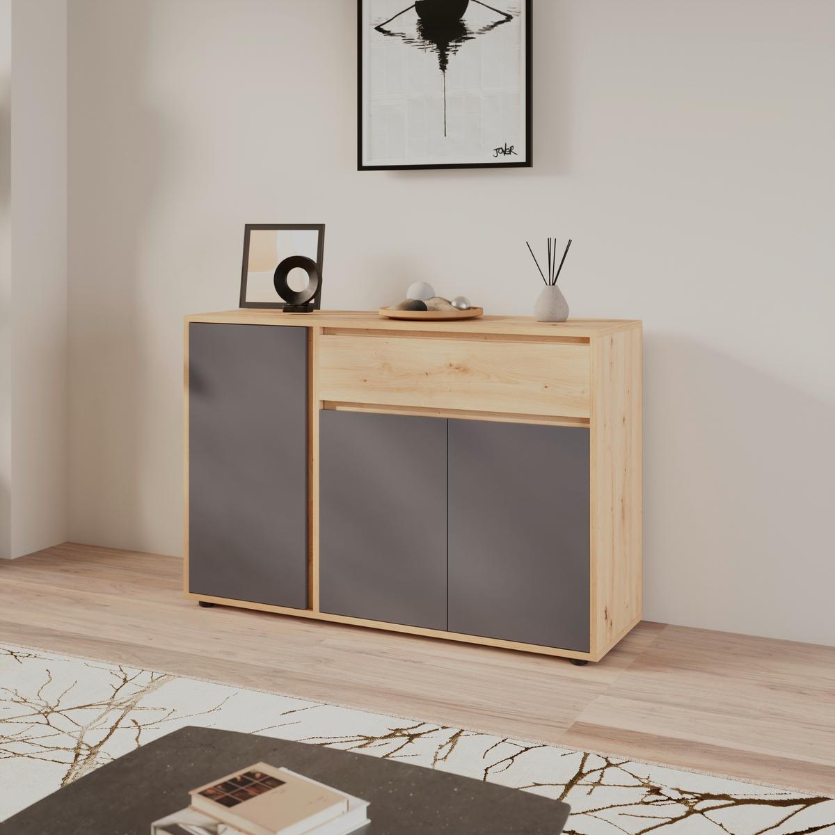 Sideboard Caneva Anthrazit/Eichefarben B: 128cm - Anthrazit/Schwarz, MODERN, Holzwerkstoff (128/86/40,3cm)