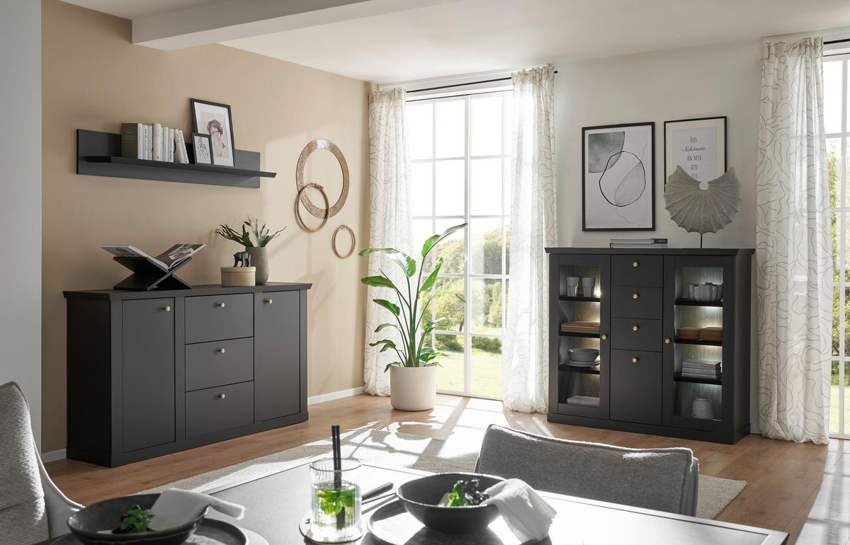 Highboard Lincoln Schwarz/Eichefarben B: 129cm - Eichefarben/Schwarz, Design, Holzwerkstoff (129/118/42cm) - MID.YOU