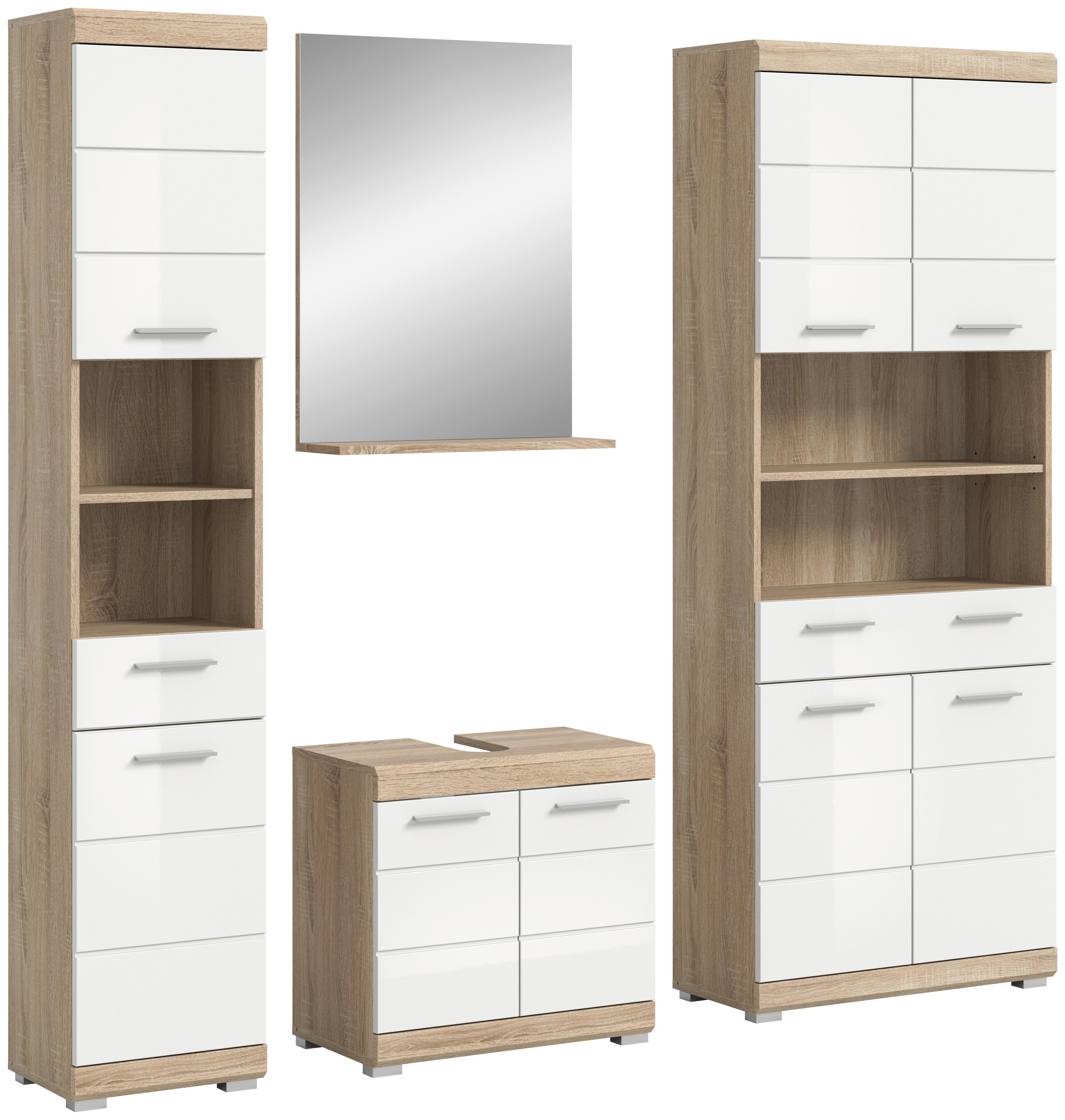 Badezimmer Lambada Eiche Dekor/Weiß B: 171 cm - Weiß Hochglanz/Silberfarben, MODERN, Glas/Holzwerkstoff (171cm) - MID.YOU