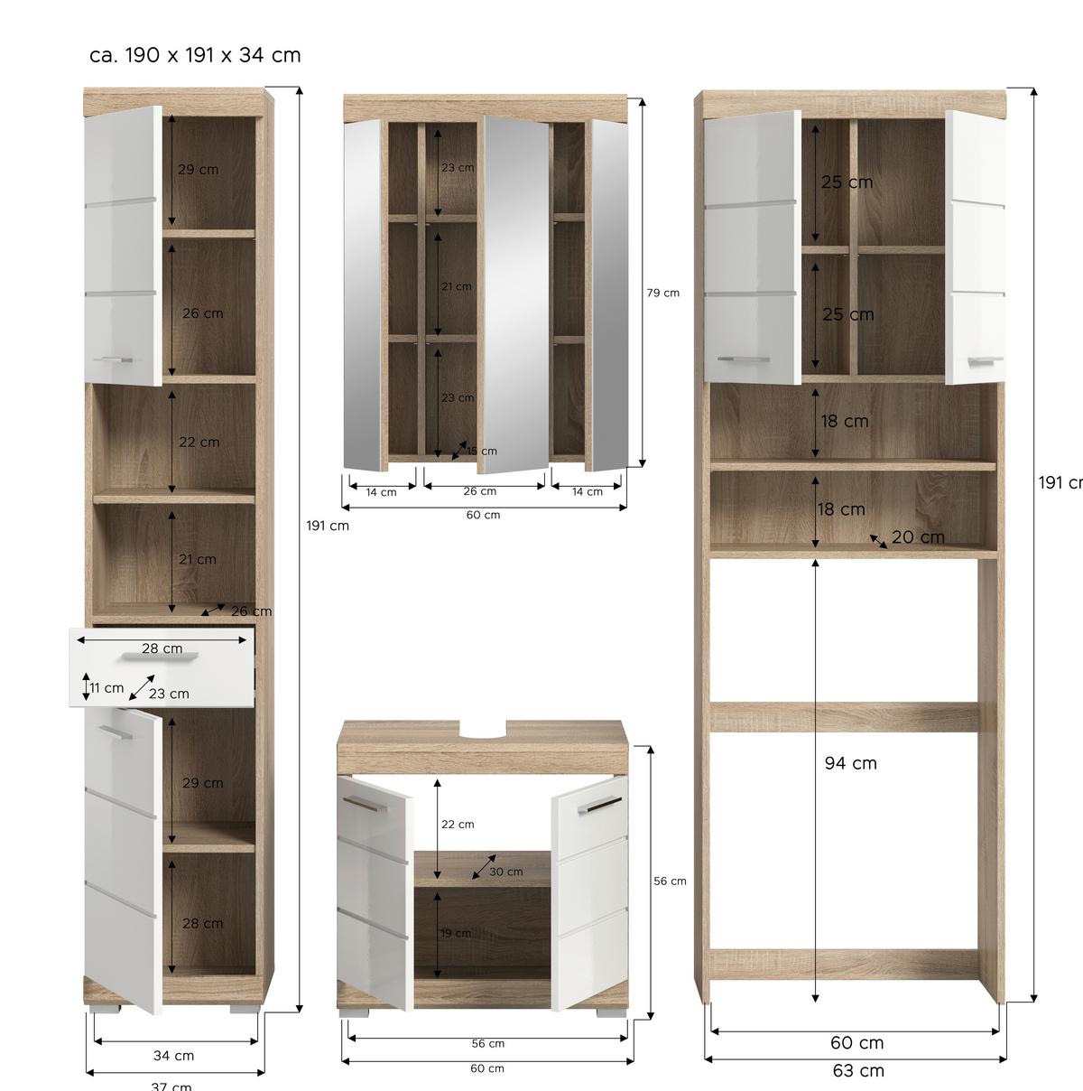 Badezimmer Lambada Eiche Dekor/weiß B: 160,2 Cm - Weiß Hochglanz/Silberfarben, MODERN, Glas/Holzwerkstoff (160,2cm) - MID.YOU