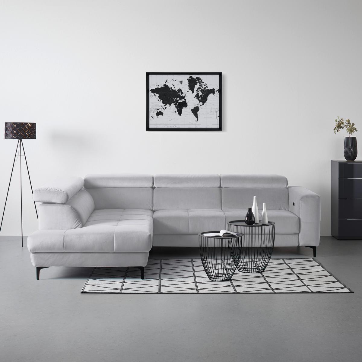 Rohová sedačka EMMA, ľavá, sivobiela,op.hl.,USB,el.výsuv - čierna/sivobiela, Modern, textil (210/301cm) - Premium Living
