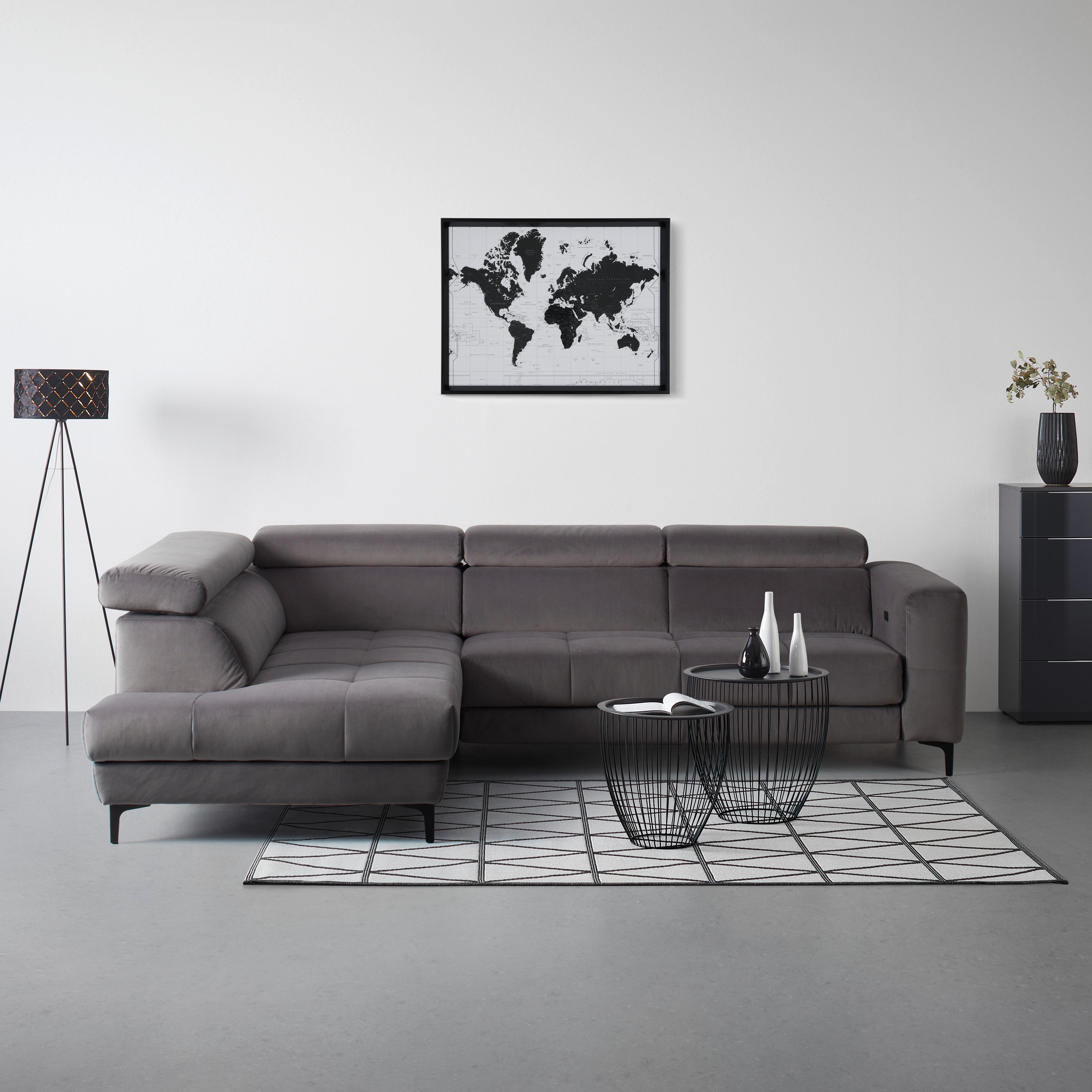 Rohová sedačka EMMA, ľavá, sivá,nast.op.hl,USB,el.výsuv - čierna/sivá, Modern, textil (210/301cm) - Premium Living