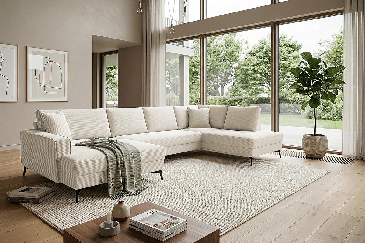 Wohnlandschaft Zero Creme U-Form 195x362x173 cm - Creme/Schwarz, Trend, Textil (173/362/195cm)