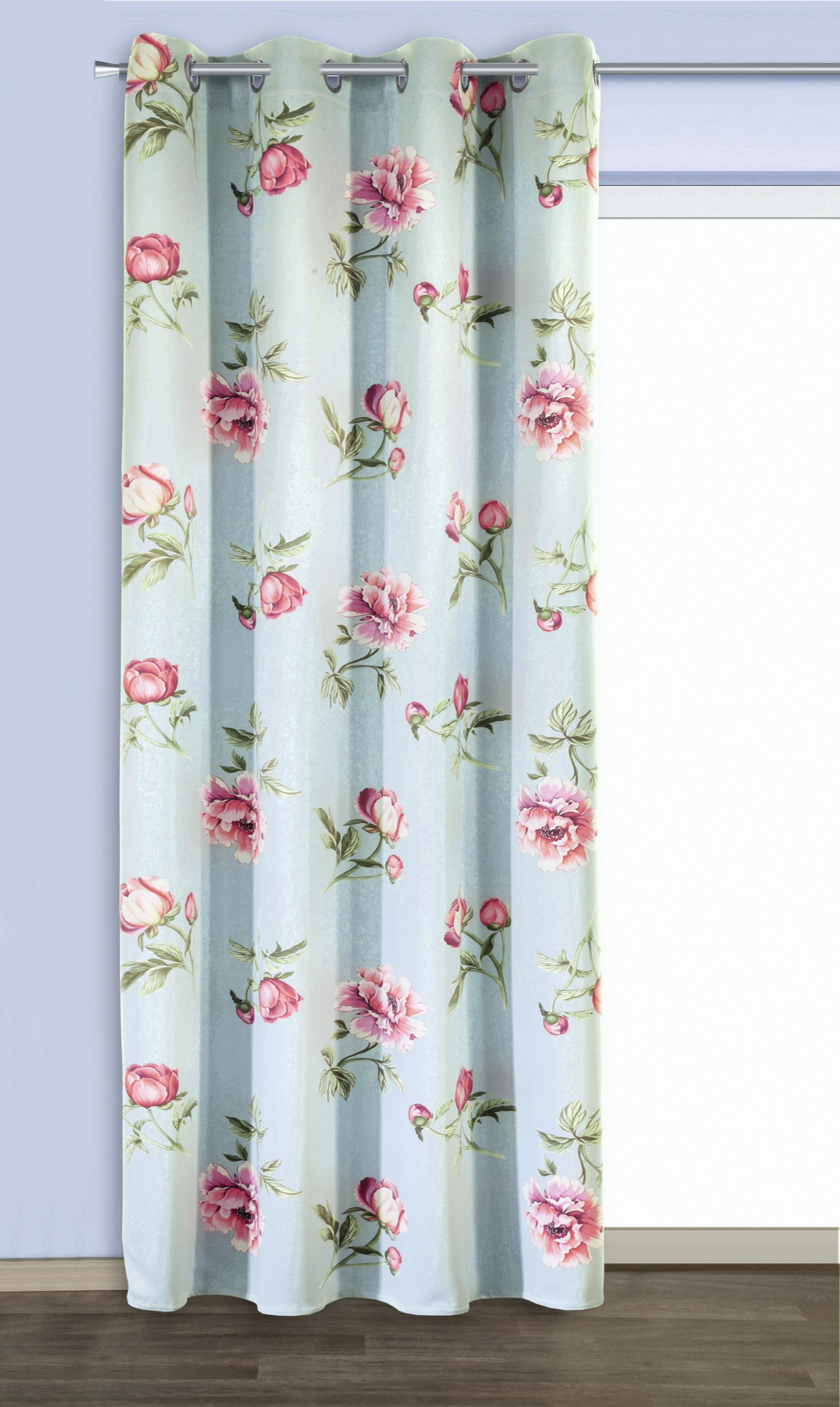 Závěs S Kroužky Greta, 135/245 Cm, Květy - starorůžová/světle modrá, Basics, textil (135/245cm)