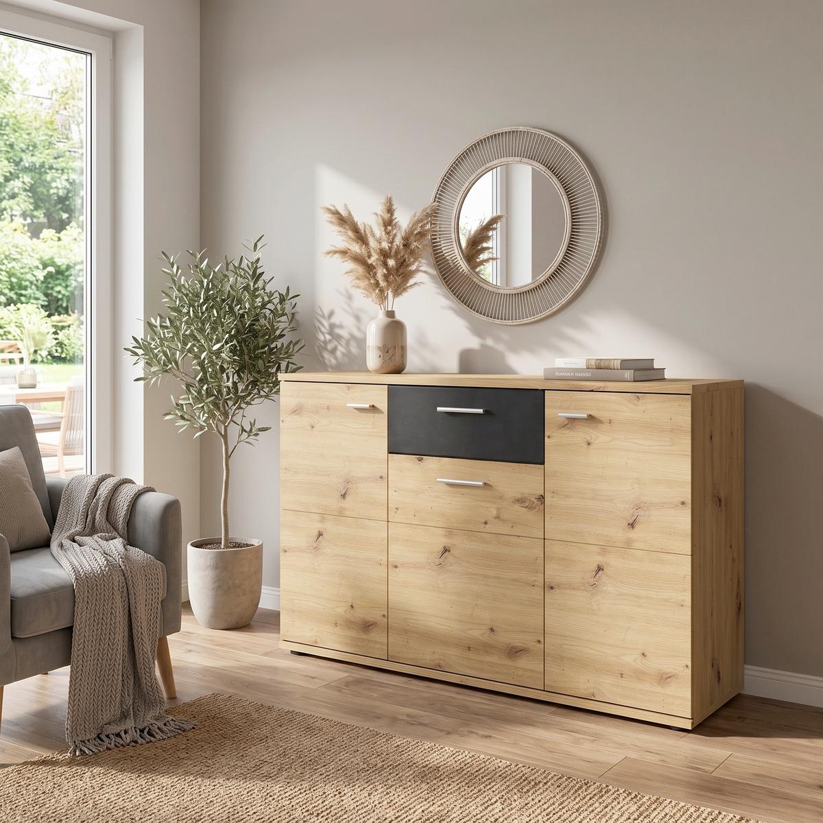Sideboard Nina Eiche Artisan/Fresco B: 131 cm - Schwarz/Eiche Artisan, Holzwerkstoff (131/84/38cm) - MID.YOU