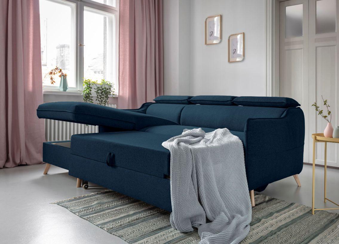Rozkládací sedačka Simone, levé provedení - přírodní barvy/tmavě modrá, Moderní, dřevo/textil (228/82/95/162cm)