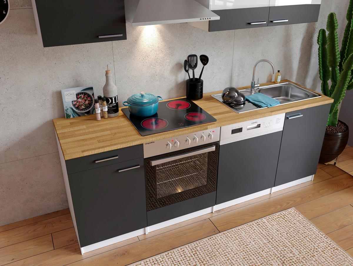 Küchenzeile Economy mit Geräten 220 cm Grau/Nussbaum Dekor - Nussbaumfarben/Weiß, Basics, Holzwerkstoff (220cm) - Respekta