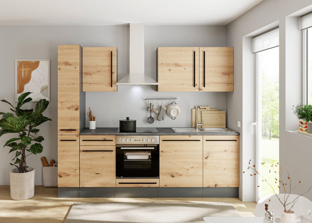 Küchenzeile Jazz 8 mit Geräten 250 cm Anthrazit/Eiche Dekor - Anthrazit/Eiche Artisan, LIFESTYLE, Holzwerkstoff (250cm) - P & B