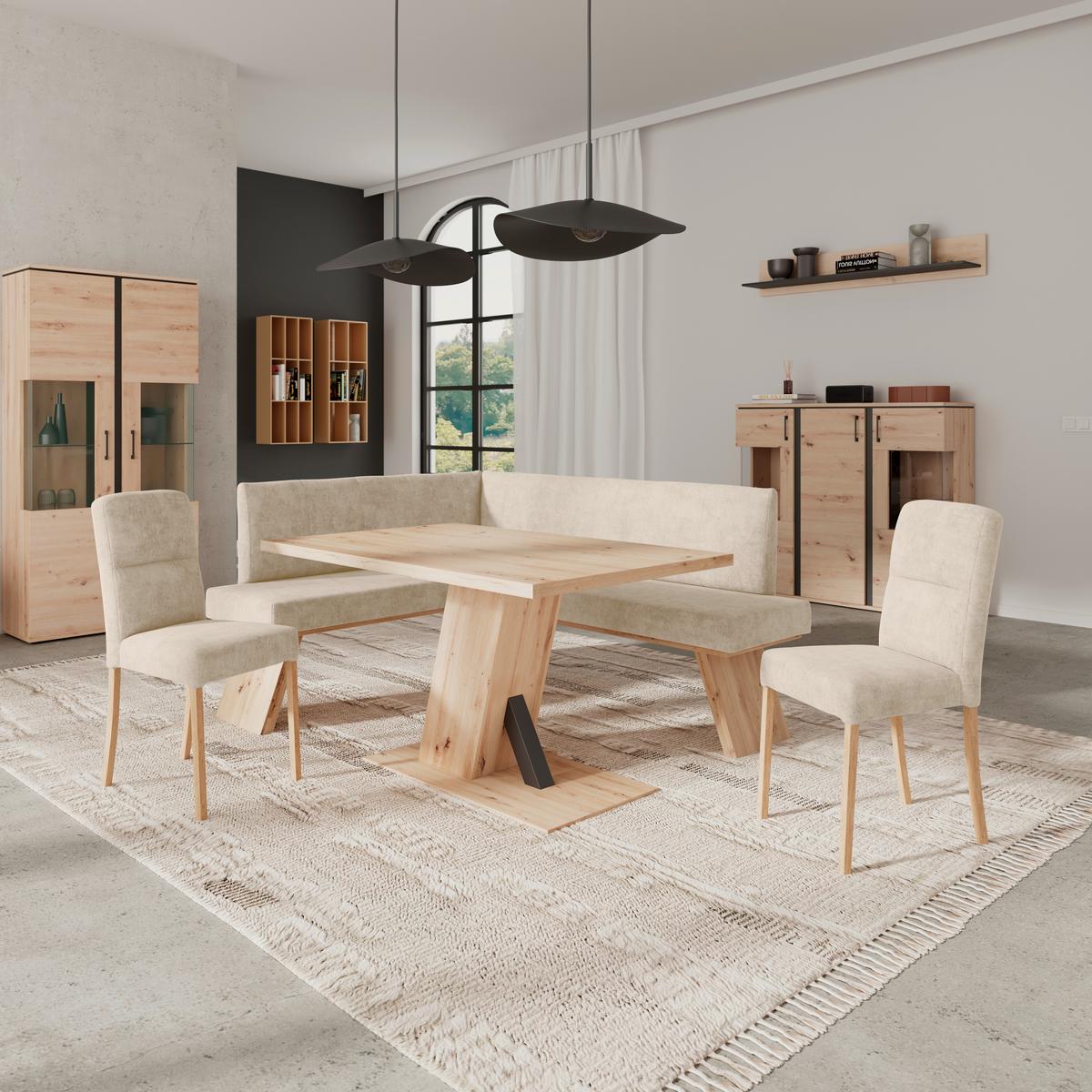 Eckbank Emma Ii Webstoff Beige, B: 150 Cm - Eichefarben/Beige, KONVENTIONELL, Holzwerkstoff/Textil (150/185cm)