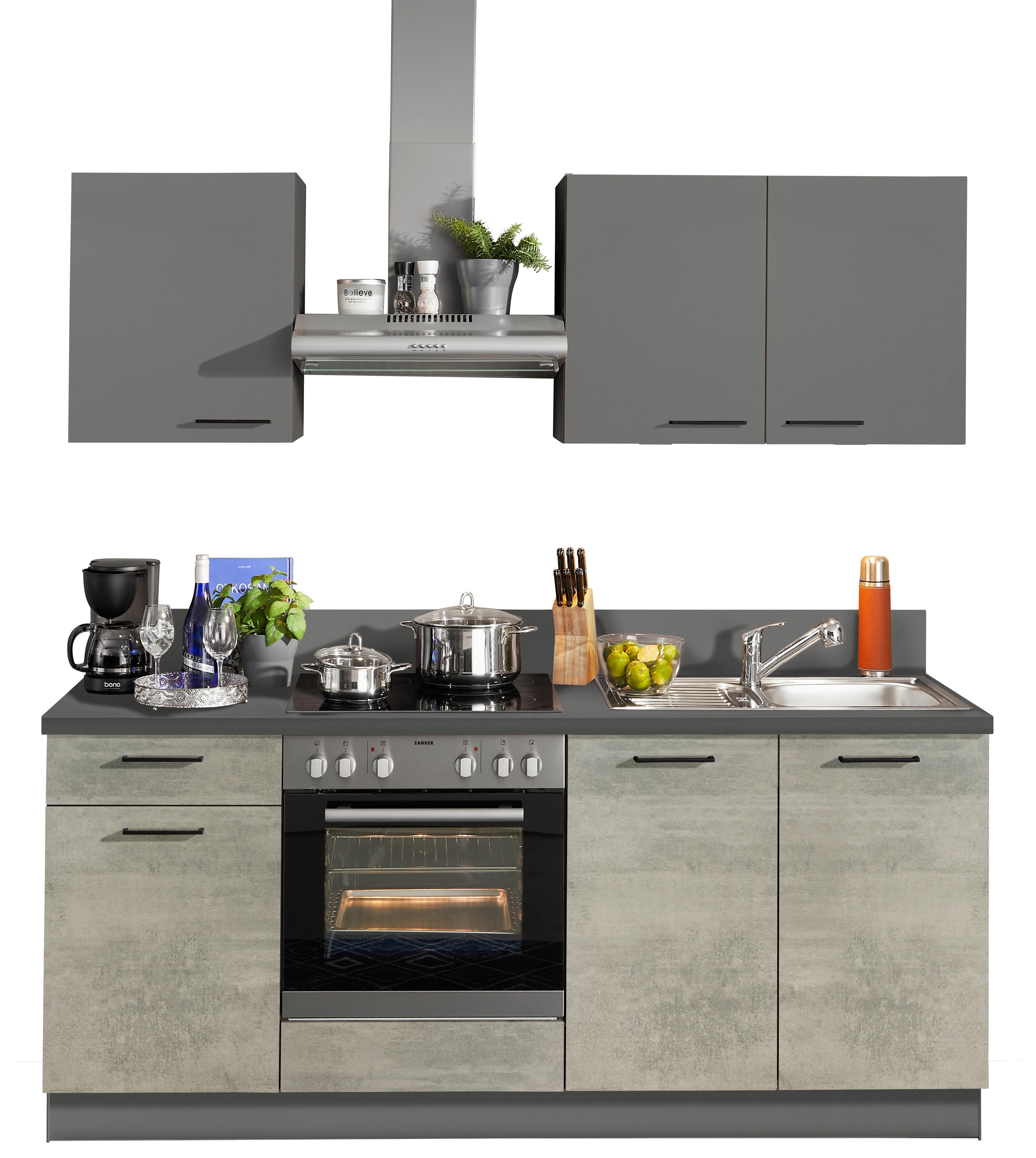 Küchenzeile in Beton (hell) und Anthrazit mit Spüle und vier Elektrogeräten