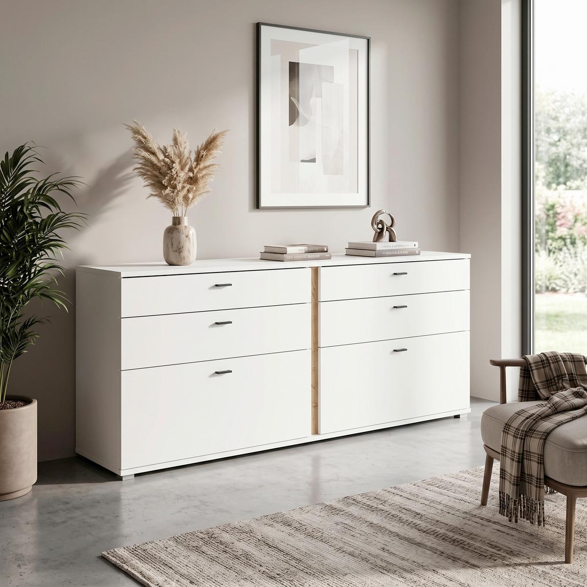 Sideboard Long Island Weiß/Eiche Wotan B: 200 cm - Silberfarben/Eiche Wotan, Design, Holzwerkstoff (200/86/42cm) - MID.YOU