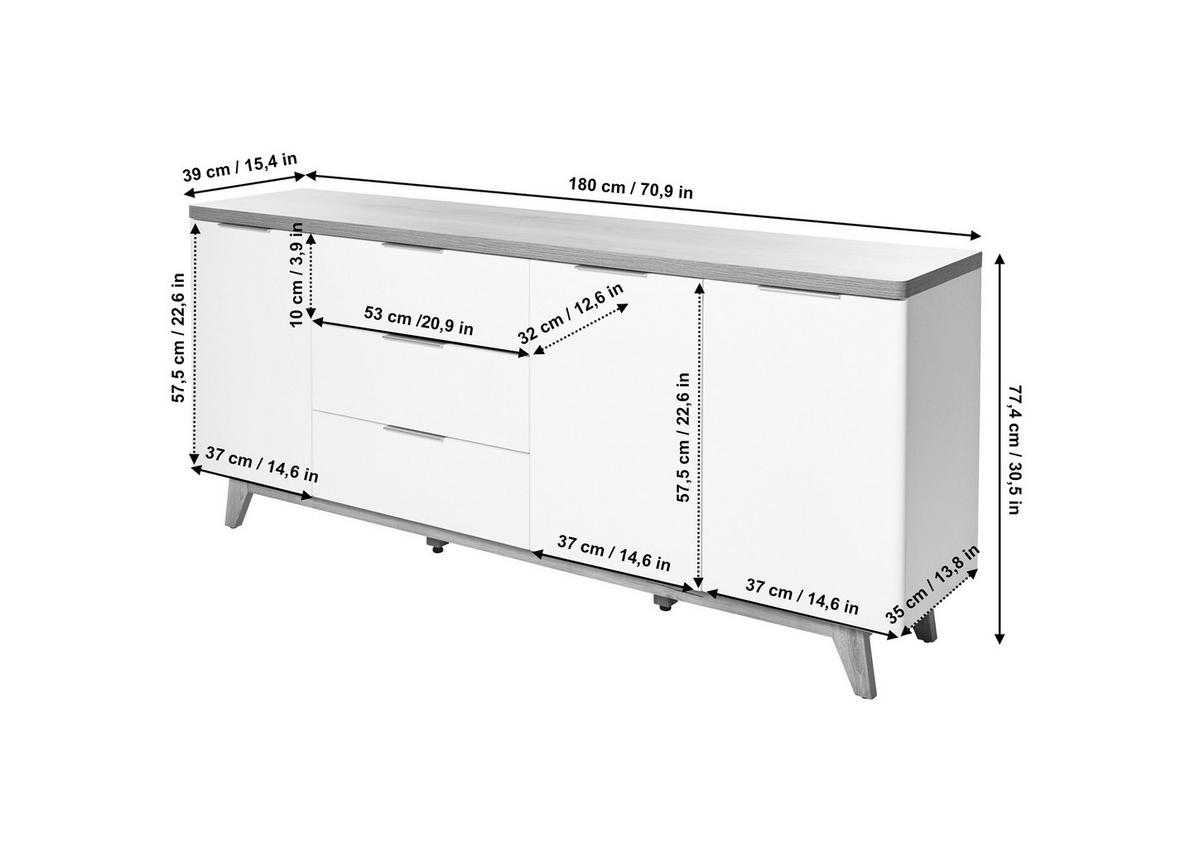 Sideboard 180 cm Libre Sb 180 Weiß/Eichefarben - Eichefarben/Weiß, KONVENTIONELL, Holzwerkstoff (180/77/39cm) - Livetastic