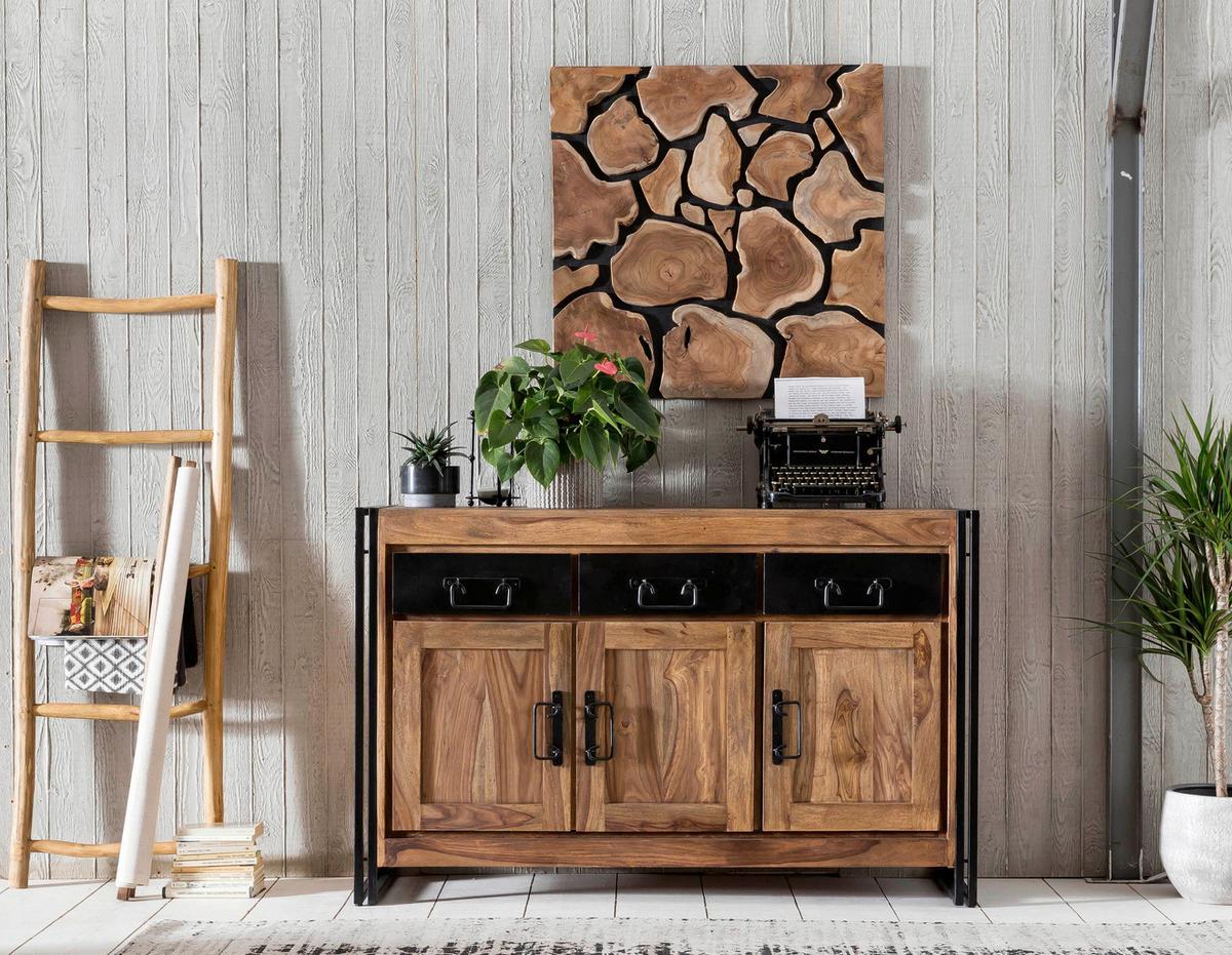 Sideboard Akazie B: 140cm - Schwarz/Naturfarben, Design, Holz/Metall (140/90/40cm) - MID.YOU