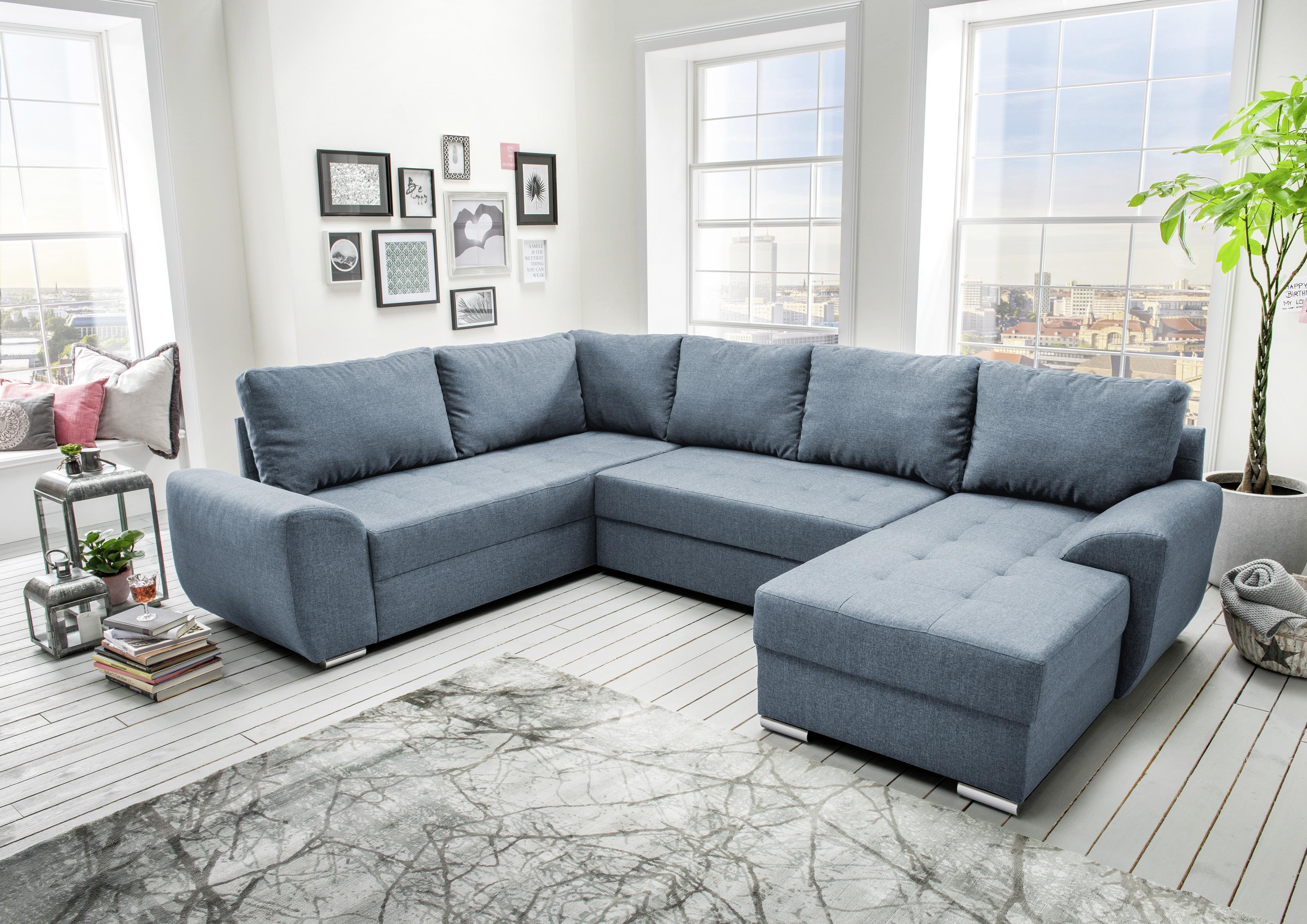 Wohnlandschaft mit Schlaffunktion Sinja - Chromfarben/Blau, KONVENTIONELL, Textil (218/292/156cm) - Livetastic