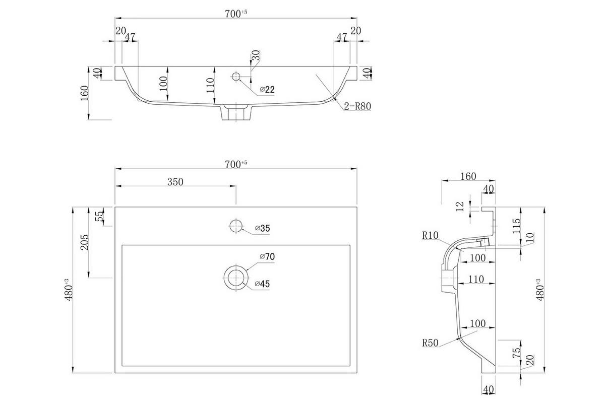WASCHTISCHKOMBI Fellini, Graphitfarben B: 60cm - Graphitfarben/Weiß, Basics, Holzwerkstoff/Stein (70cm) - MID.YOU