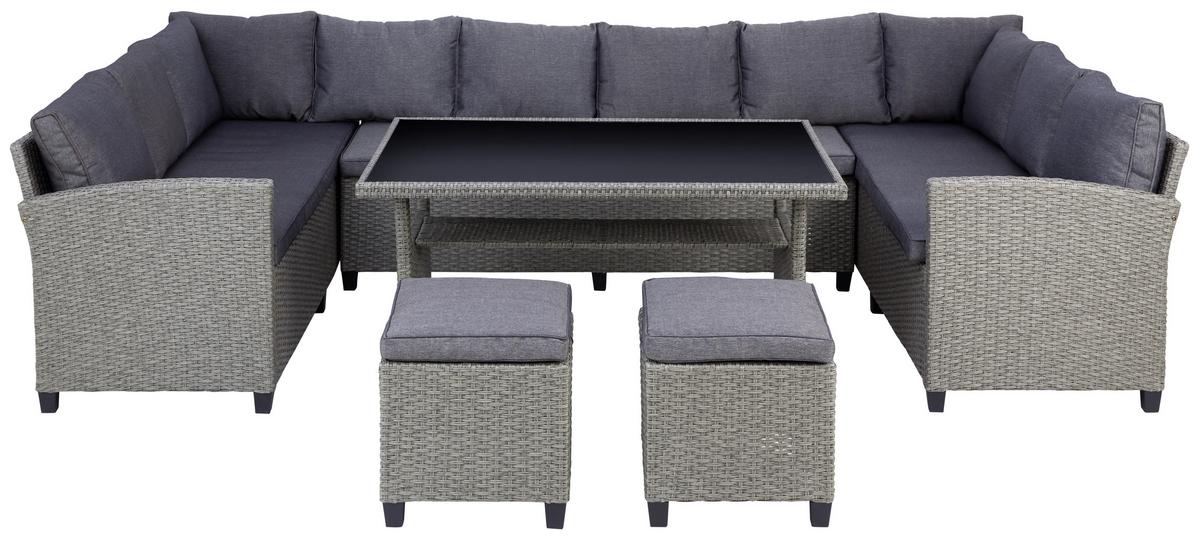 Loungegarnitur 6-tlg Athena In Rattan-Optik Mit Kissen - Schwarz/Grau, MODERN, Glas/Kunststoff - Beldano
