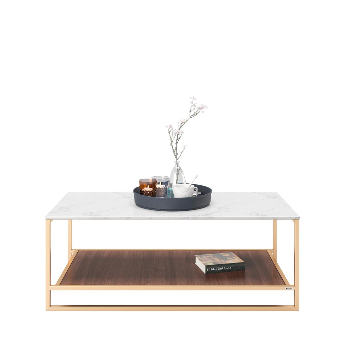 Couchtisch mit Ablagefläche Olivia, Weiß/Braun/Gold - Goldfarben/Nussbaumfarben, KONVENTIONELL, Holzwerkstoff/Metall (120/60/45cm) - Playboy