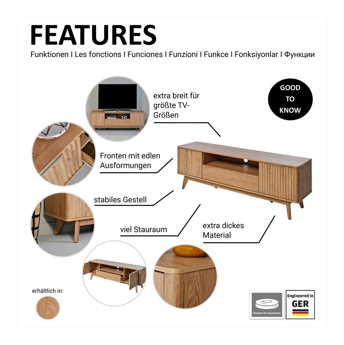 Lowboard Wave TV 170 B: 169,5 cm Eichefarben - Eichefarben, MODERN, Holzwerkstoff (169,50/54,5/40cm) - Livetastic