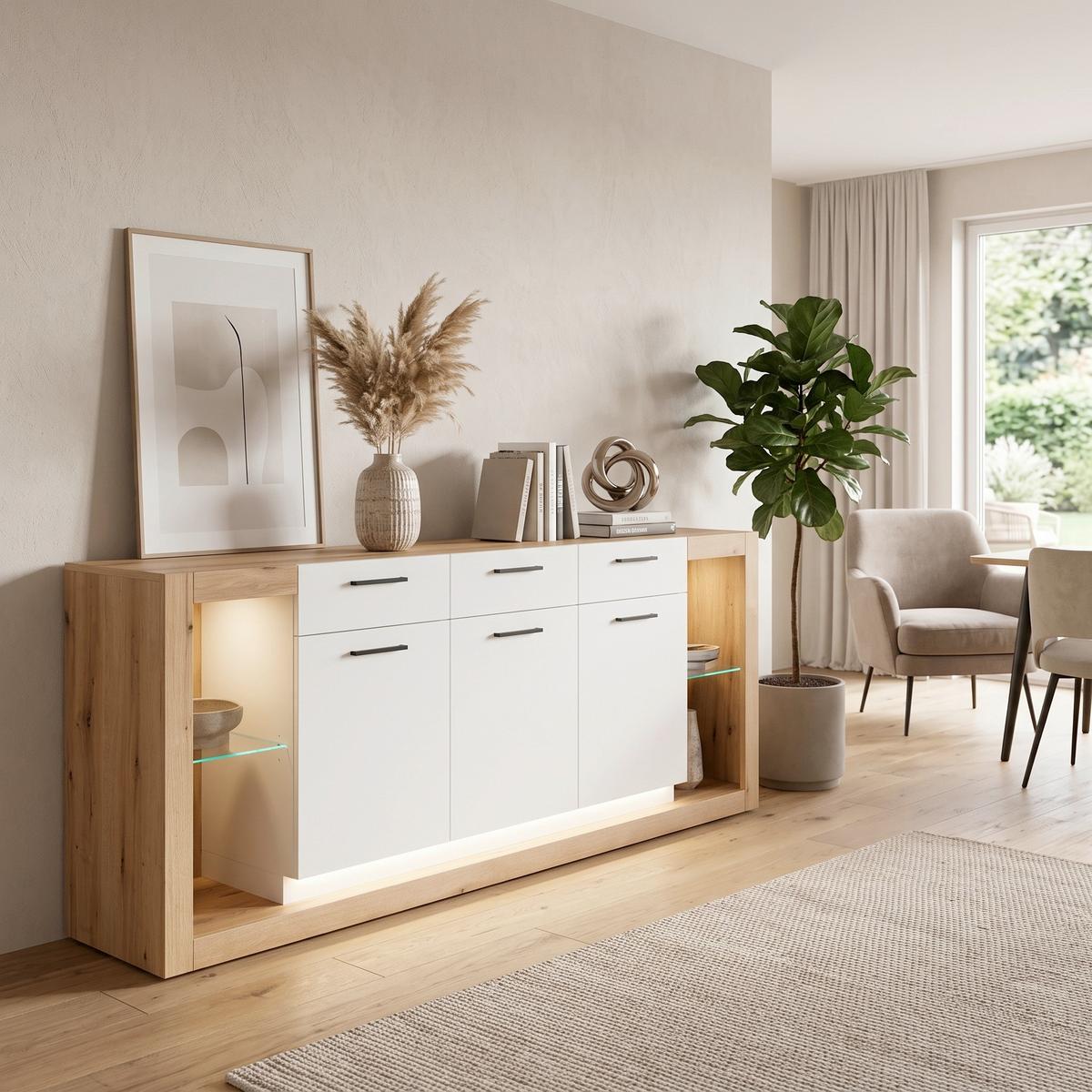 Sideboard Brixen Weiß/Eichefarben B: 198cm - Eichefarben/Weiß, Design, Glas/Holzwerkstoff (198/83/43cm) - MID.YOU