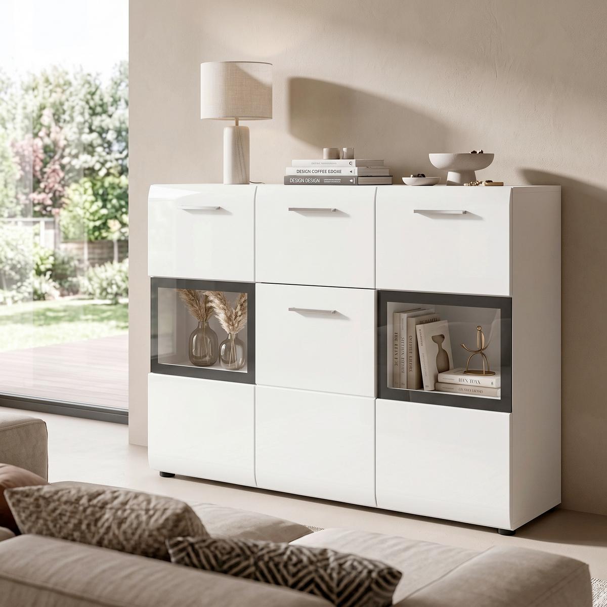 Tálalószekrény Ice - fehér/magasfényű fehér, Design, faalapú anyag (125/81/37cm) - Livetastic