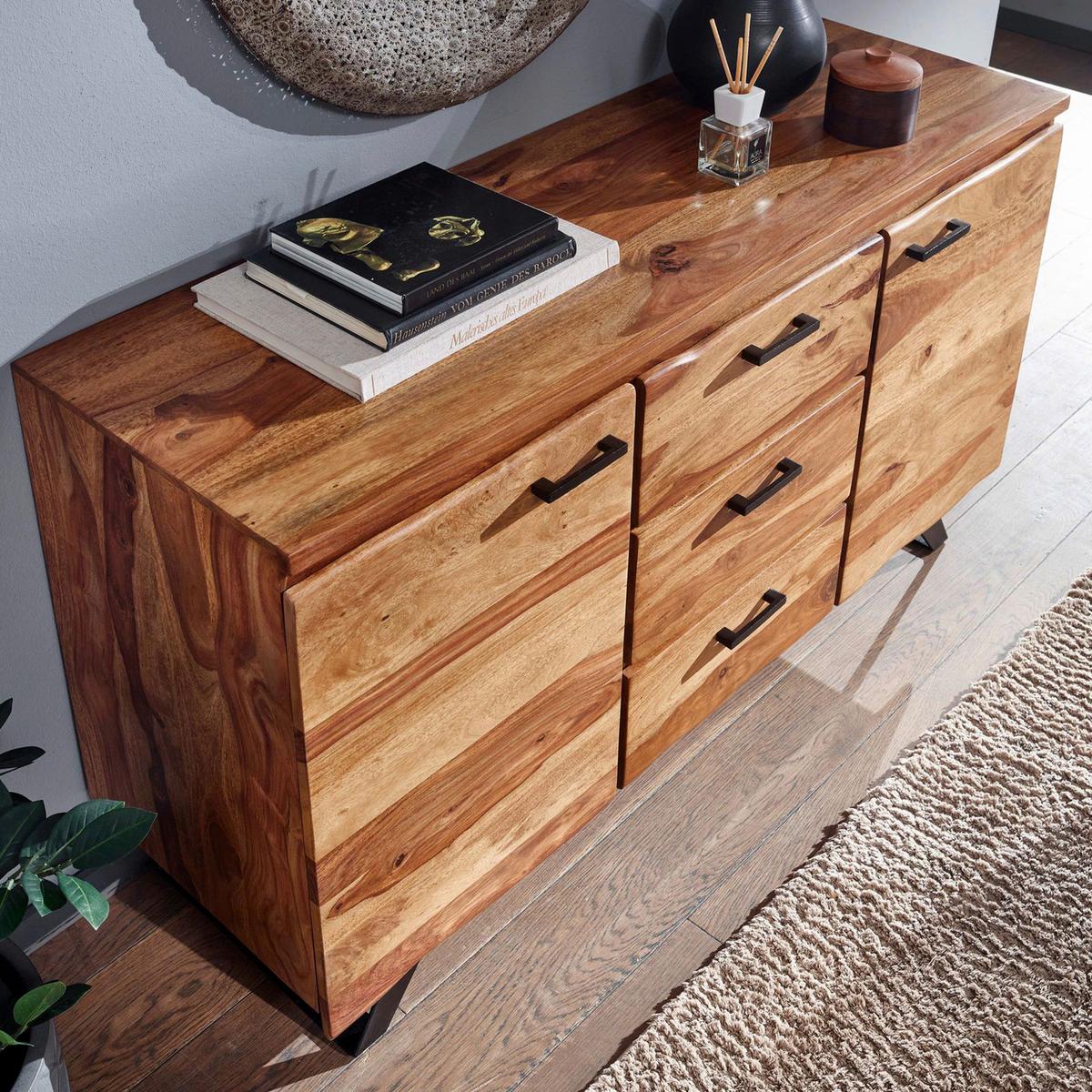 Sideboard 145 cm Sheesham, Sheeshamfarben - Sheeshamfarben/Schwarz, Design, Holz (145/82/45cm) - MID.YOU