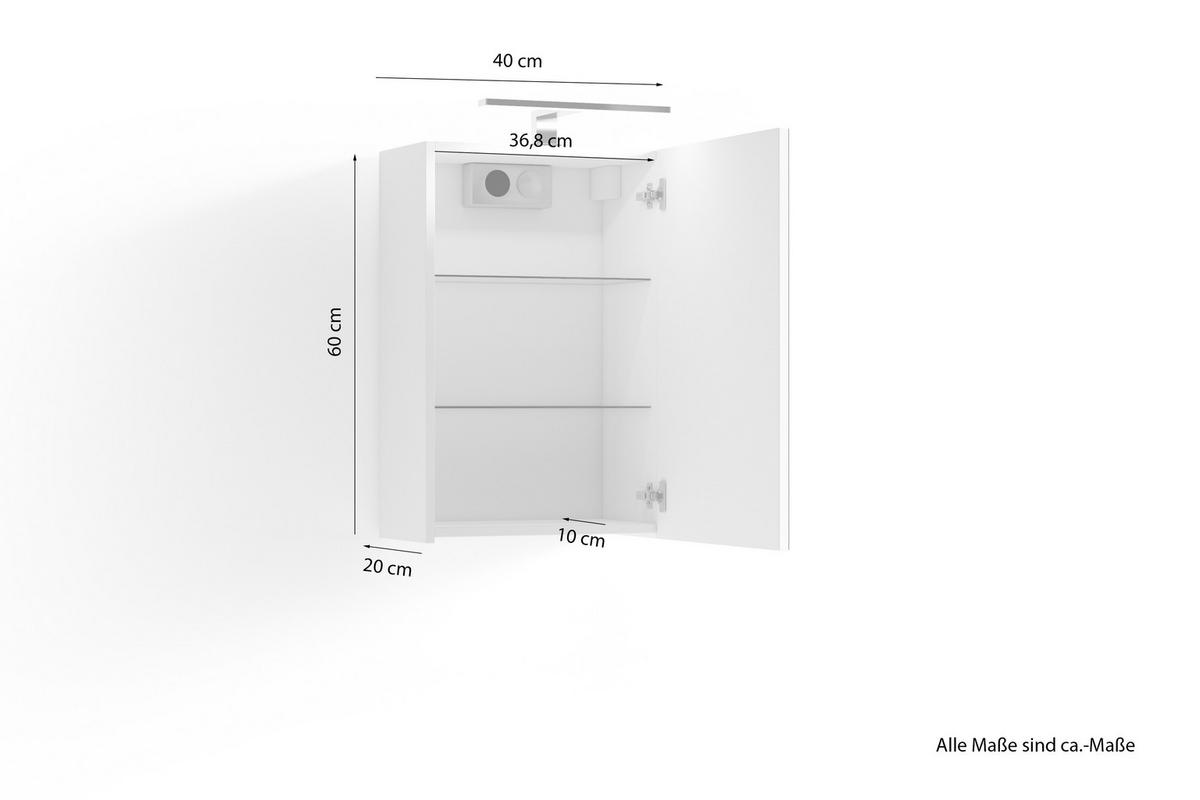 Spiegelschrank Spree Mit Led 1 Tür Bxhxt 40x60x20 Cm Weiß - Weiß, MODERN, Glas/Holzwerkstoff (40/60/20cm) - MID.YOU