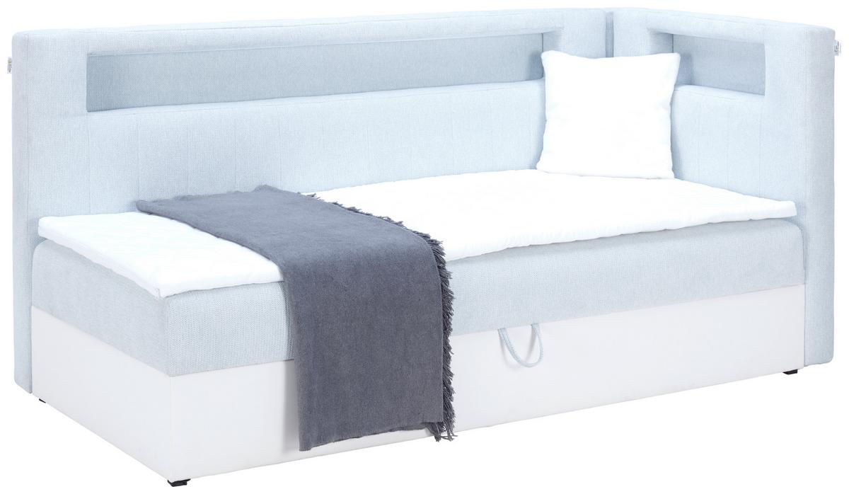 Polsterbett mit Bettkasten 90x200 cm Weiß / Hellblau - Schwarz/Weiß, MODERN, Leder/Textil (90/200cm) - Ondega