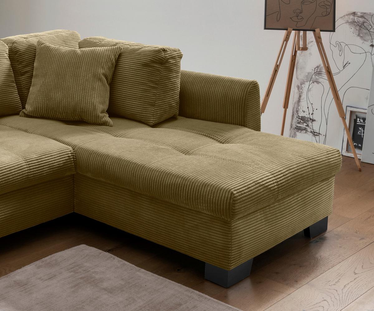 Ecksofa mit Schlaffunktion Flora Olivgrün Cord - Schwarz/Olivgrün, Design, Textil (250/190cm) - MID.YOU