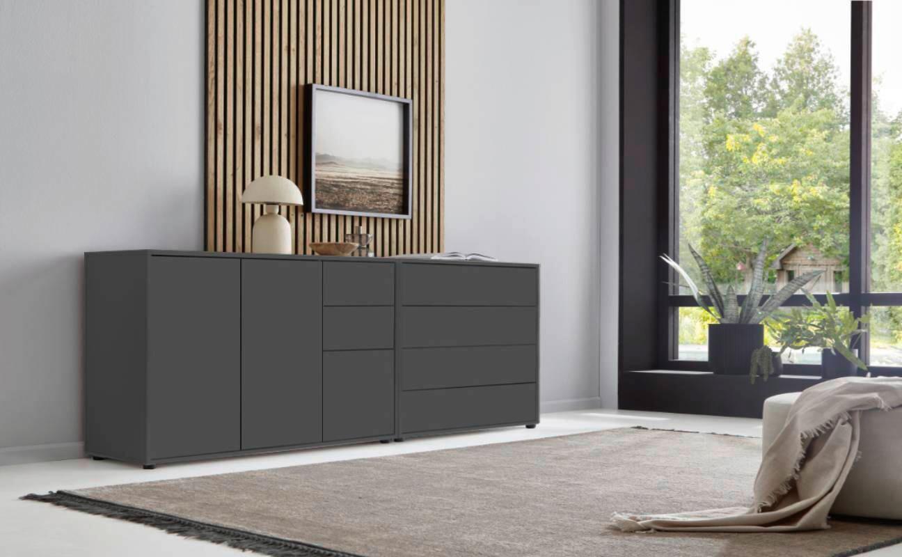 Sideboard Mailand 9 B: 184,5cm Anthrazit - Anthrazit/Schwarz, MODERN, Holzwerkstoff (184,5/73/33cm) - MID.YOU