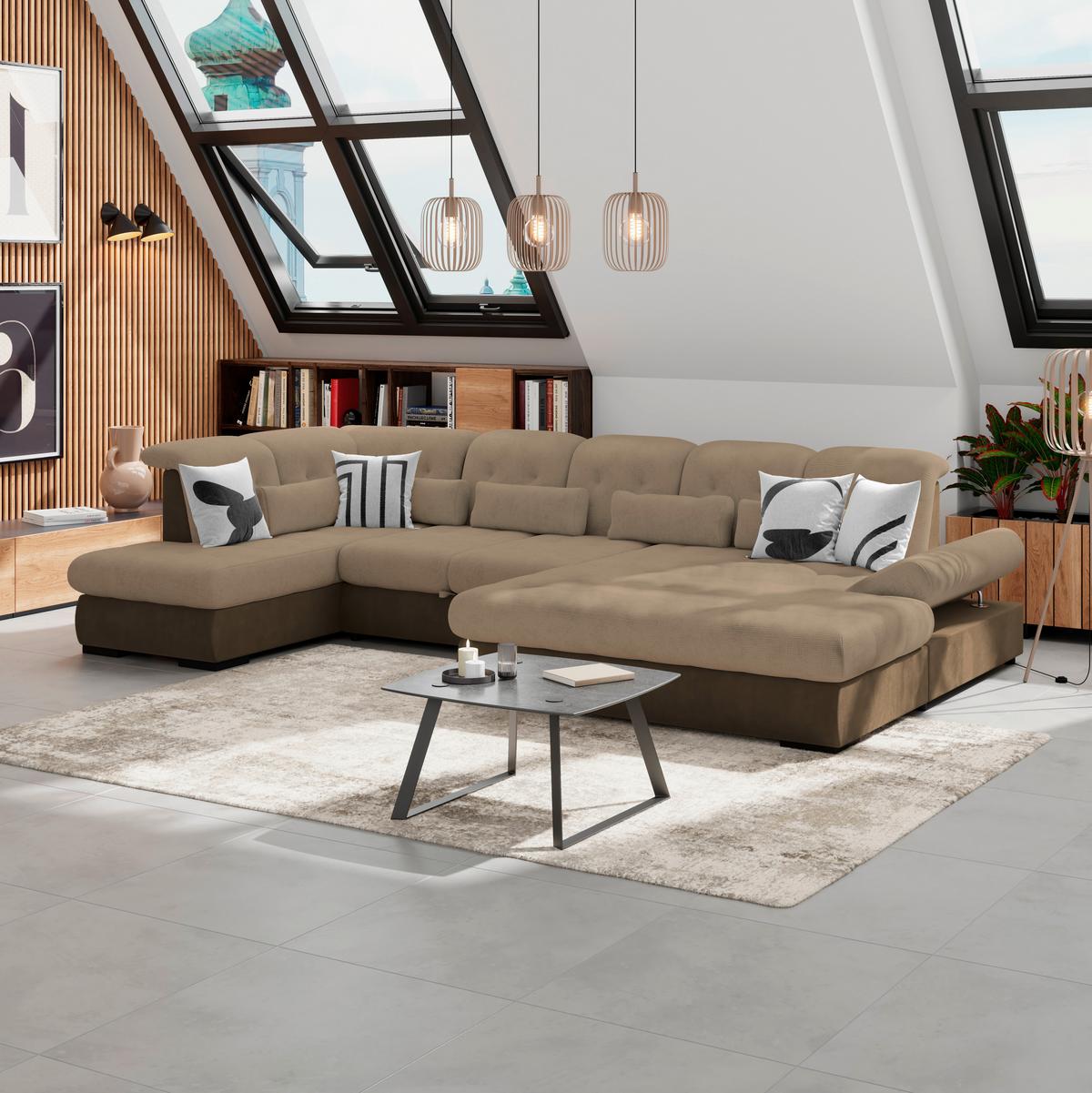 Wohnlandschaft Madera Mit Schlaffunktion Braun - Hellbraun/Dunkelbraun, KONVENTIONELL, Kunststoff/Textil (212/358/190cm)