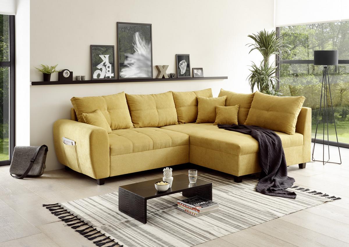 Ecksofa Mit Schlaffunktion + Kissen Lea, Polyester-Nylon - Gelb/Schwarz, Basics, Holzwerkstoff/Textil (248/176cm) - MID.YOU
