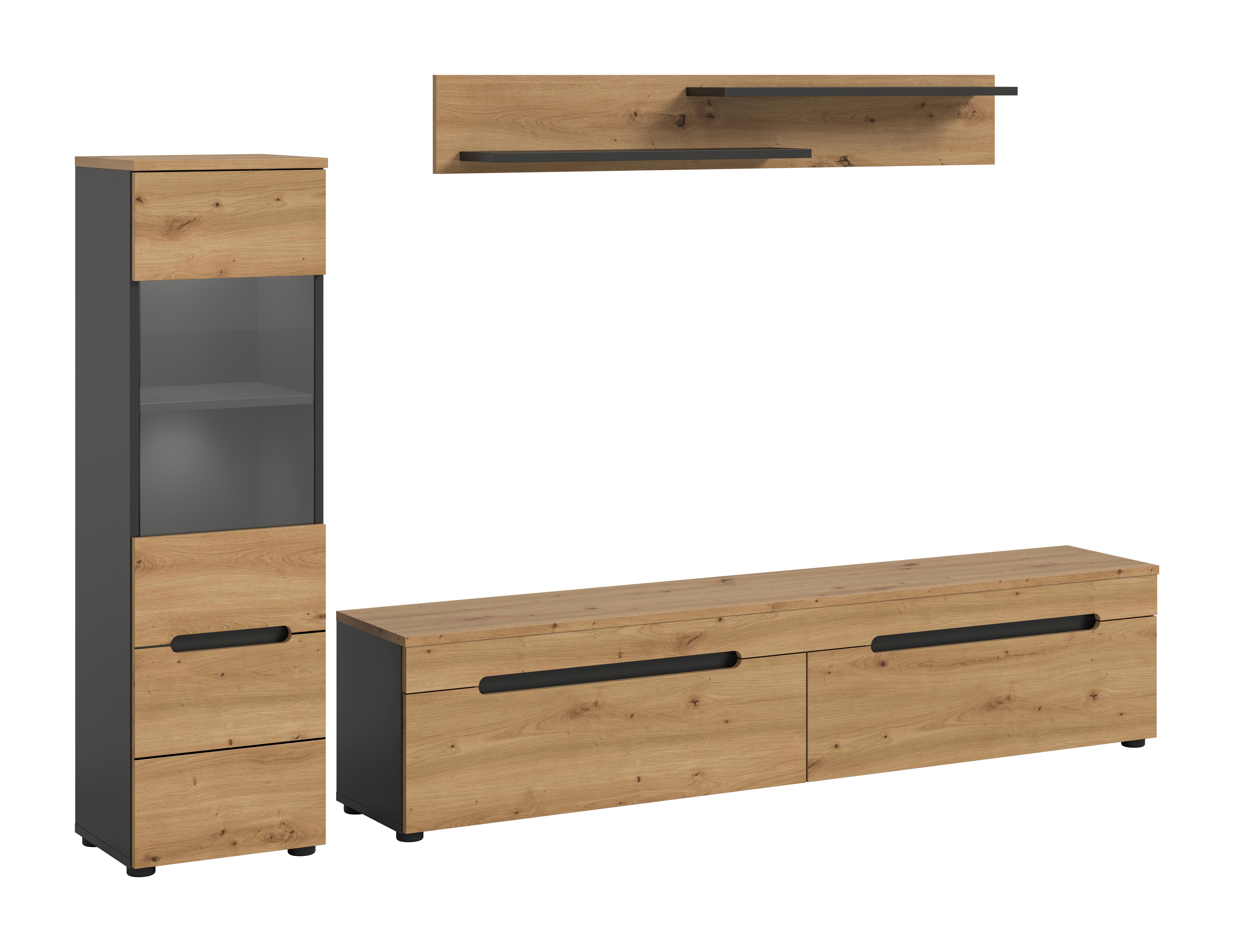 Wohnwand Canu Eiche Artisan Dekor B: 221cm - Schwarz/Eiche Artisan, Design, Holzwerkstoff (221/141/33cm) - Livetastic