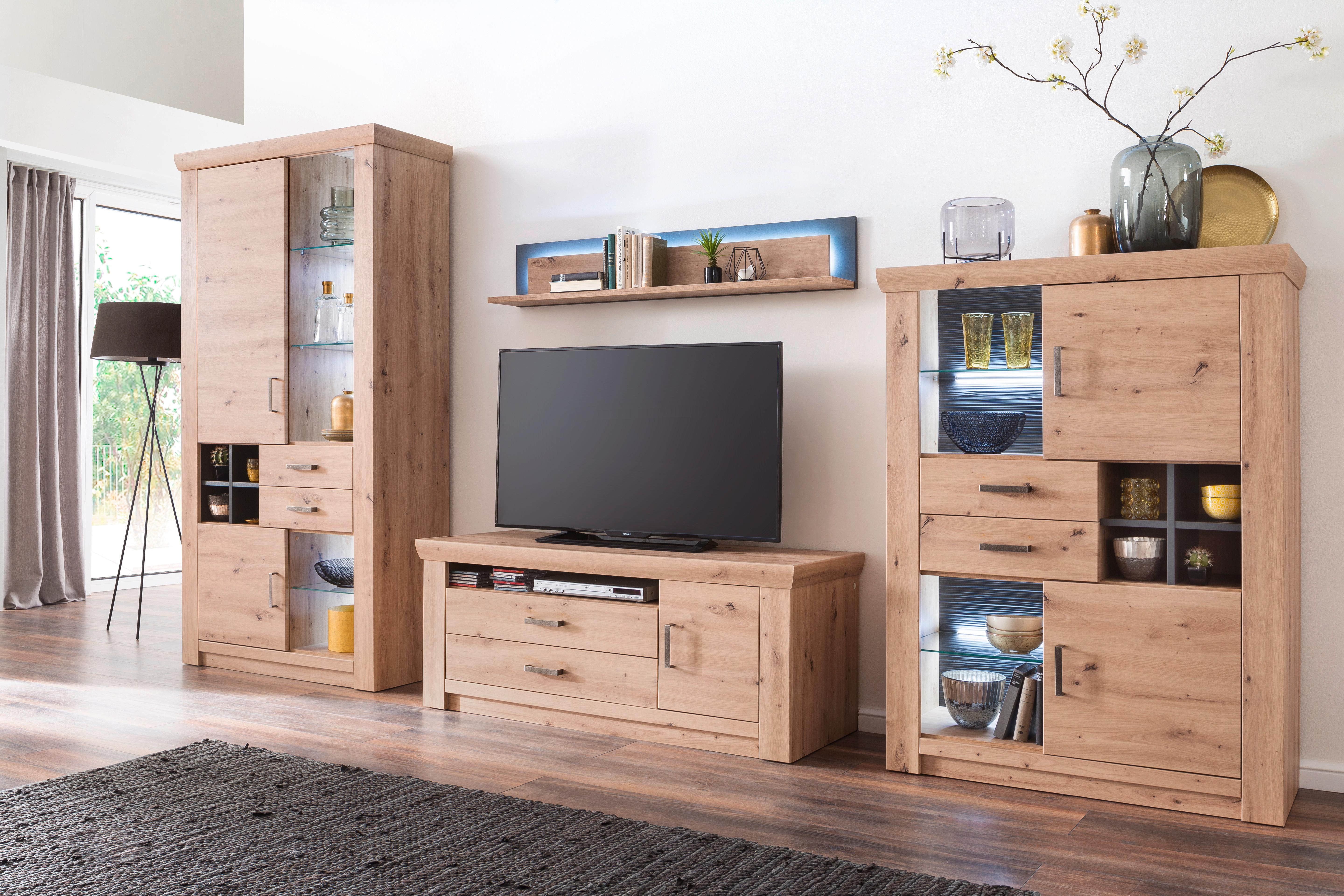 Highboard B: 110 cm Meran Anthrazit/Eichefarben - Eichefarben/Anthrazit, Design, Glas/Holzwerkstoff (110/146/45cm) - Livetastic