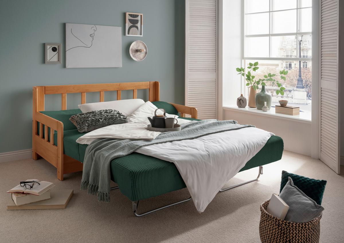 2-Sitzer-Sofa Mit Schlaffunktion Camino B:154 cm - Dunkelgrün/Kieferfarben, MODERN, Holz/Textil (154/88/90cm) - Livetastic