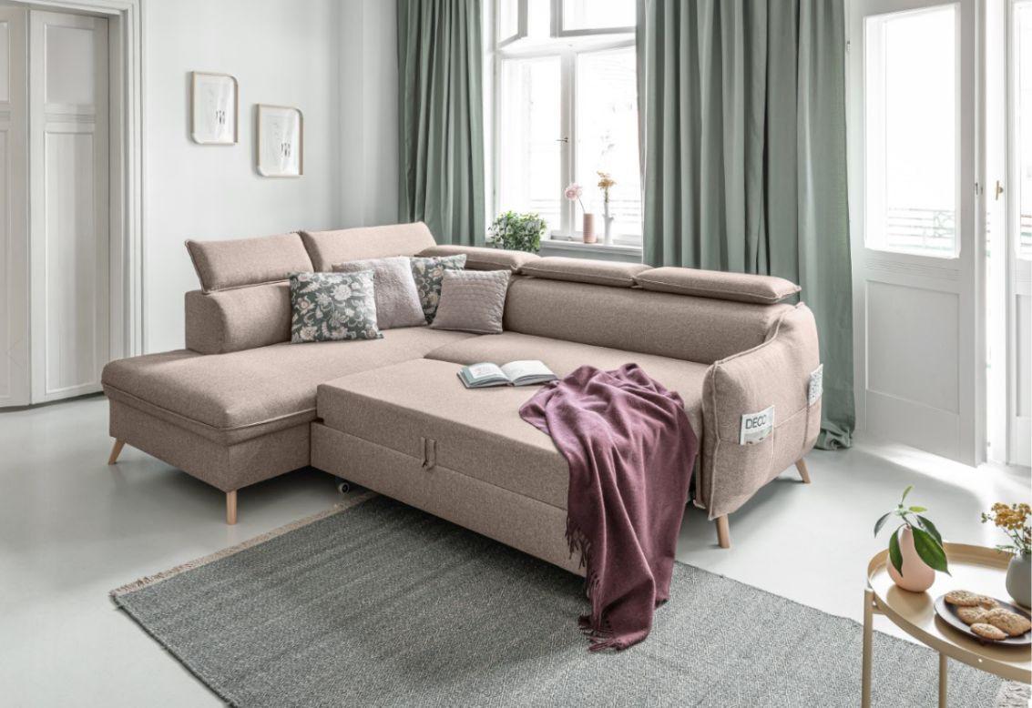 Rozkládací sedačka Simone, levé provedení - přírodní barvy/béžová, Moderní, dřevo/textil (253/82/95/208cm)