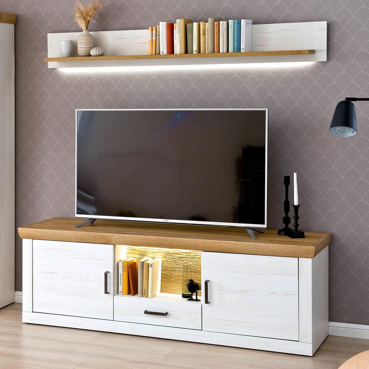 Wohnkombination 3-Tlg. Madrid Eiche-/Pinienfarben - Eichefarben/Schwarz, Design, Glas/Holzwerkstoff (297/205/50cm) - MID.YOU