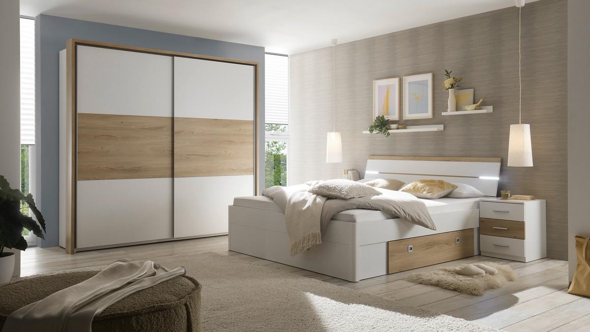 Ložnice Kiara - skříň, postel PL: 180x200cm, 2x noční stolek - bílá/barvy dubu, Moderní, kompozitní dřevo - Livetastic