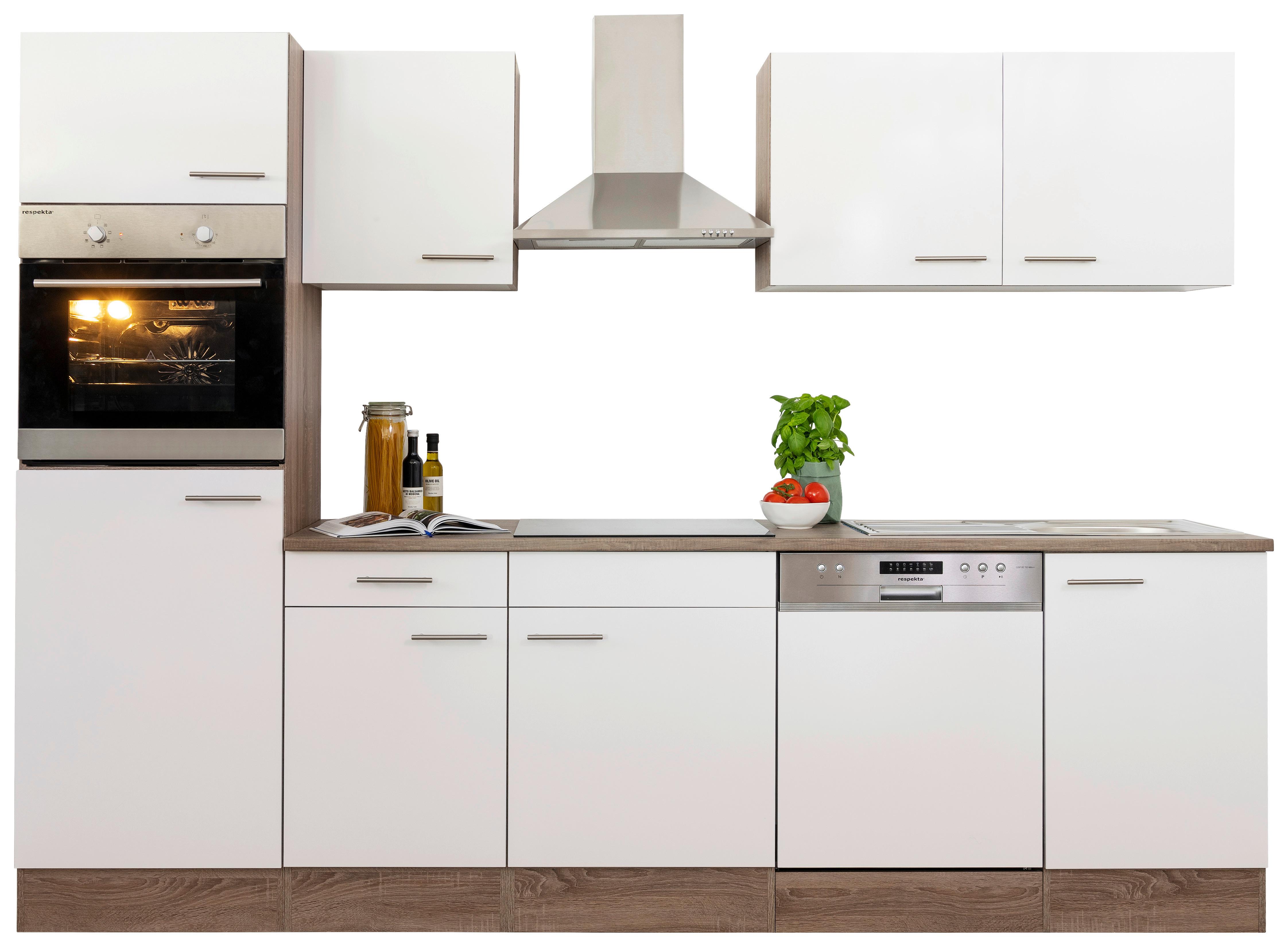 Küchenzeile mit Geräten B: 280 cm Weiß/Eiche Dekor - Eichefarben/Weiß, Design, Holzwerkstoff (280cm) - Respekta