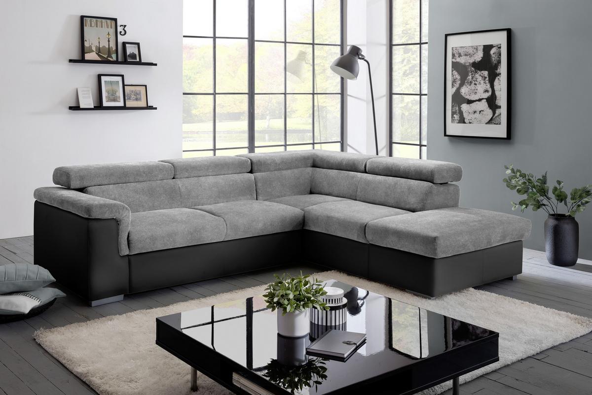 Ecksofa mit Schlaffunktion + Bettkasten Milla, Webstoff - Schwarz/Grau, Basics, Holz/Textil (252/217cm) - MID.YOU