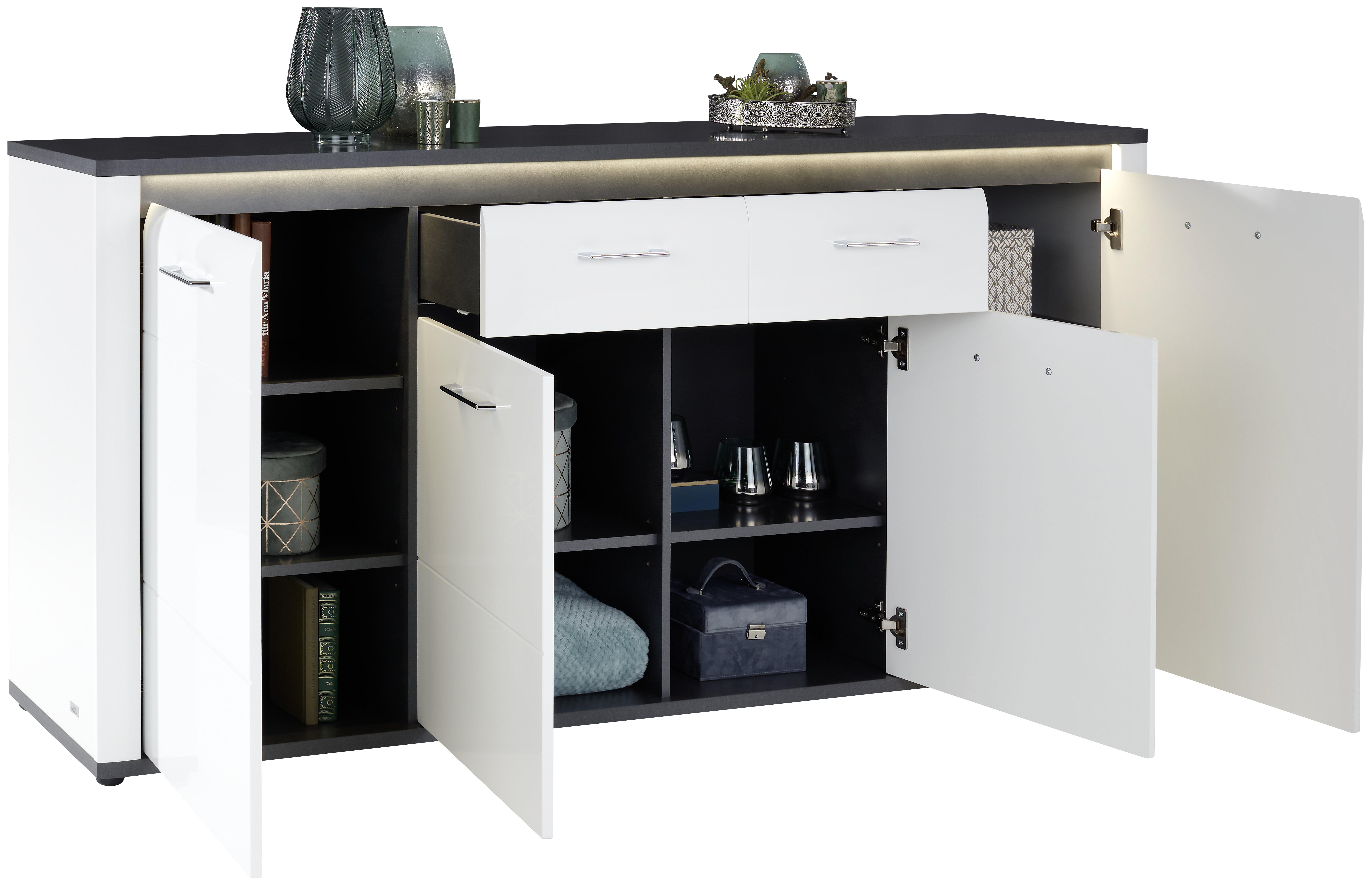 Sideboard mit LED-Beleuchtung B 203,6cm Alassio, Weiß/Matera - Schwarz/Graphitfarben, MODERN, Holzwerkstoff (203,6/86,2/40,5cm) - Luca Bessoni